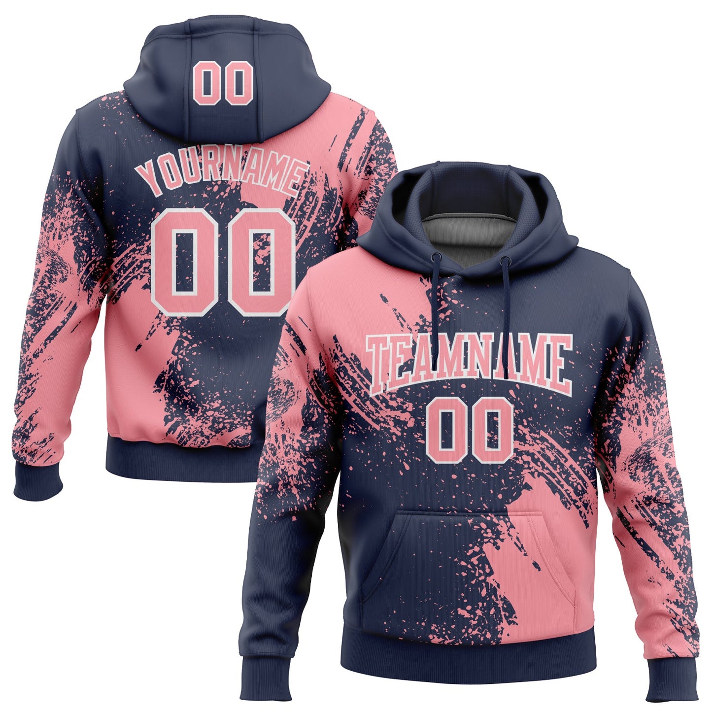 Custom Stitched Navy Medium Pink-White 3D Pattern Design Abstract Brush Stroke Sports Pullover Sweatshirt Hoodie - Main View