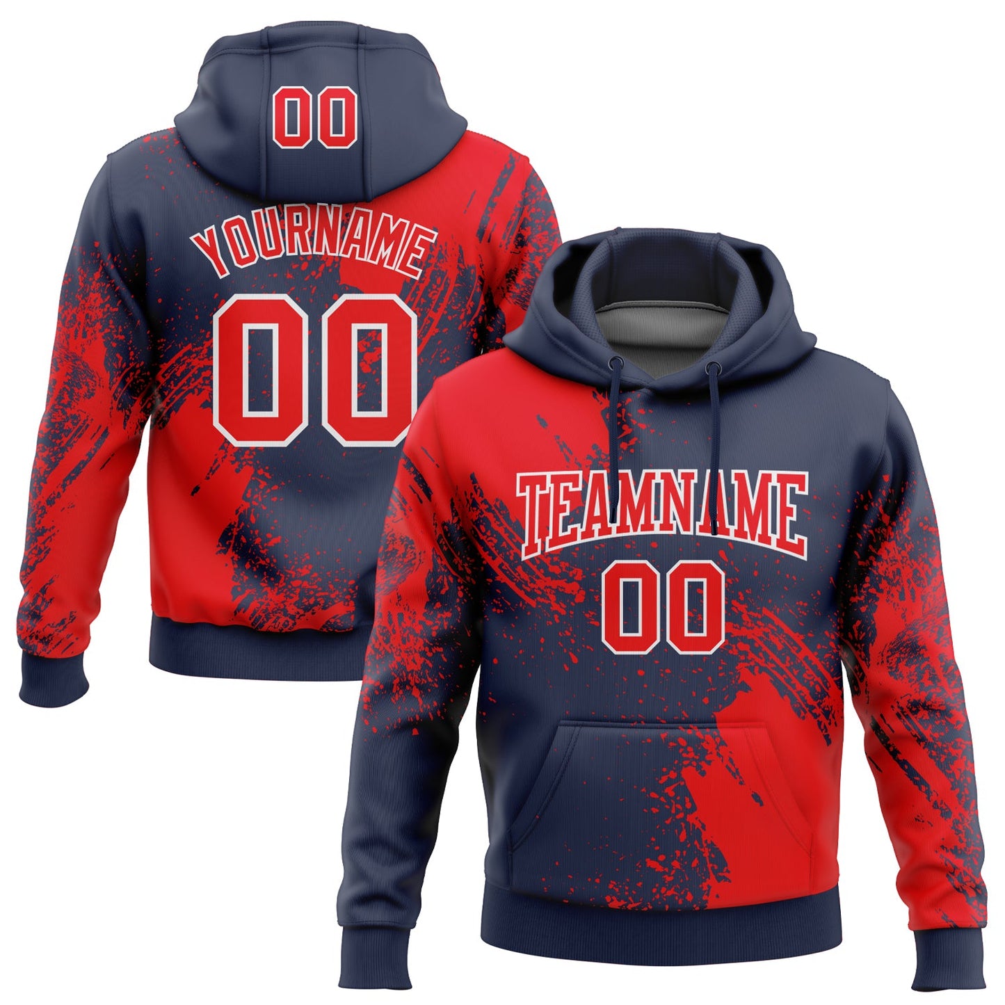Custom Stitched Navy Fire Red-White 3D Pattern Design Abstract Brush Stroke Sports Pullover Sweatshirt Hoodie - Main View