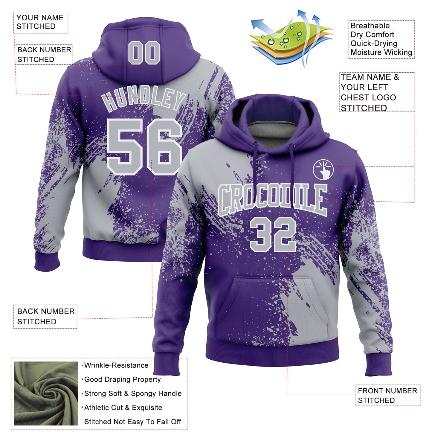Custom Stitched Purple Gray-White 3D Pattern Design Abstract Brush Stroke Sports Pullover Sweatshirt Hoodie view 2