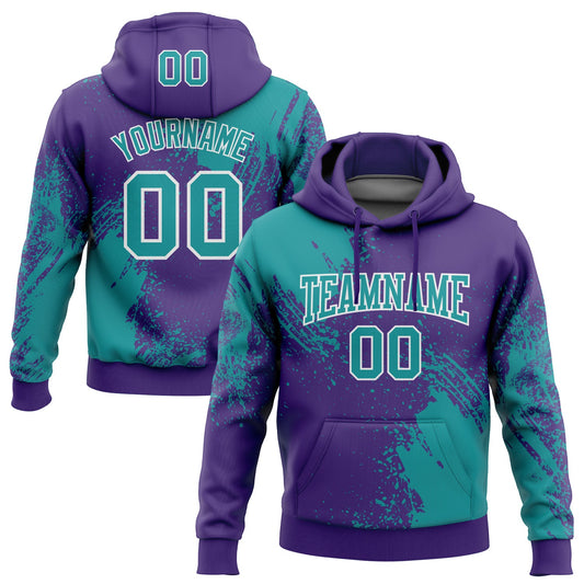 Custom Stitched Purple Teal-White 3D Pattern Design Abstract Brush Stroke Sports Pullover Sweatshirt Hoodie - Main View