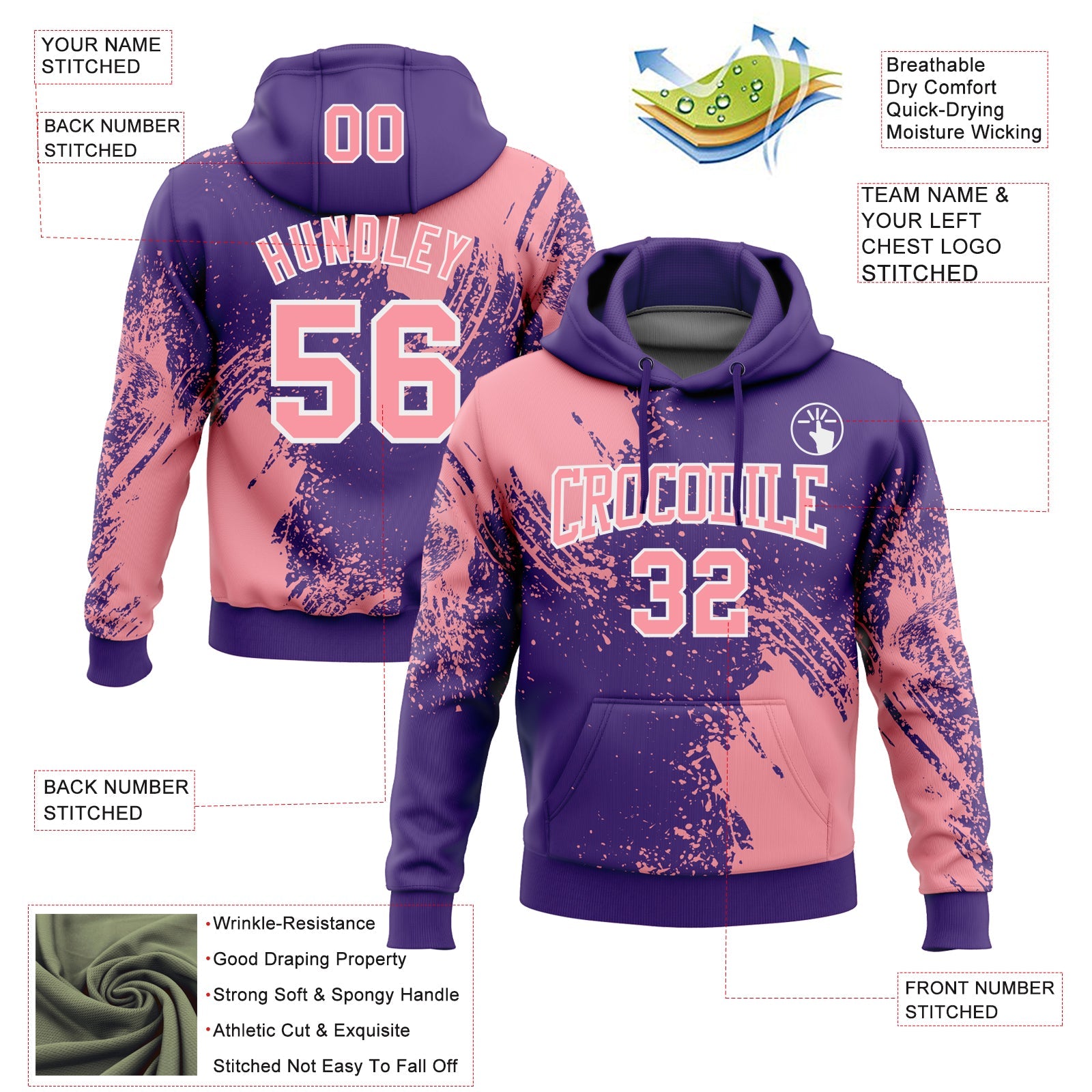 Custom Stitched Purple Medium Pink-White 3D Pattern Design Abstract Brush Stroke Sports Pullover Sweatshirt Hoodie view 2