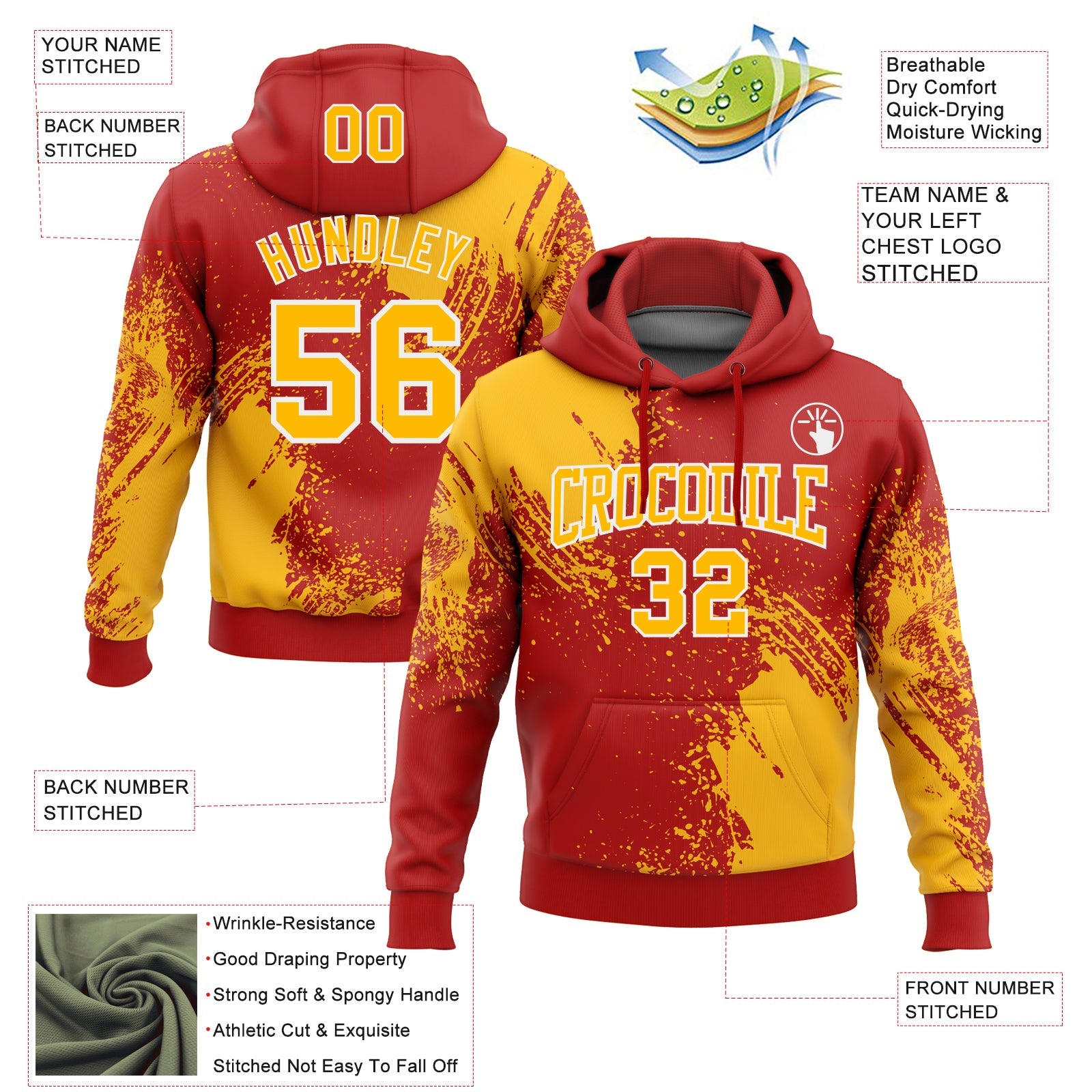 Custom Stitched Red Gold-White 3D Pattern Design Abstract Brush Stroke Sports Pullover Sweatshirt Hoodie view 2