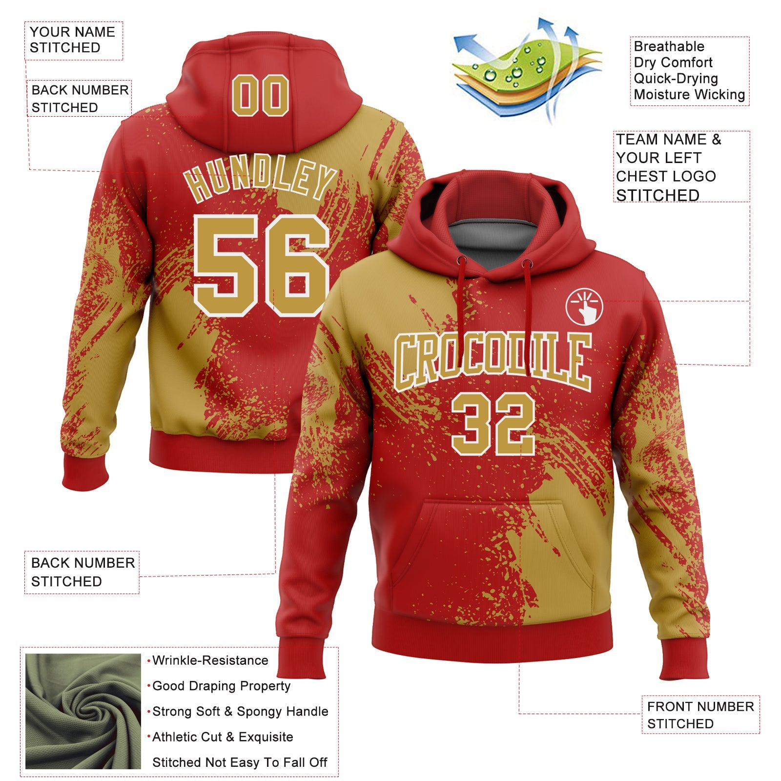 Custom Stitched Red Old Gold-White 3D Pattern Design Abstract Brush Stroke Sports Pullover Sweatshirt Hoodie view 2
