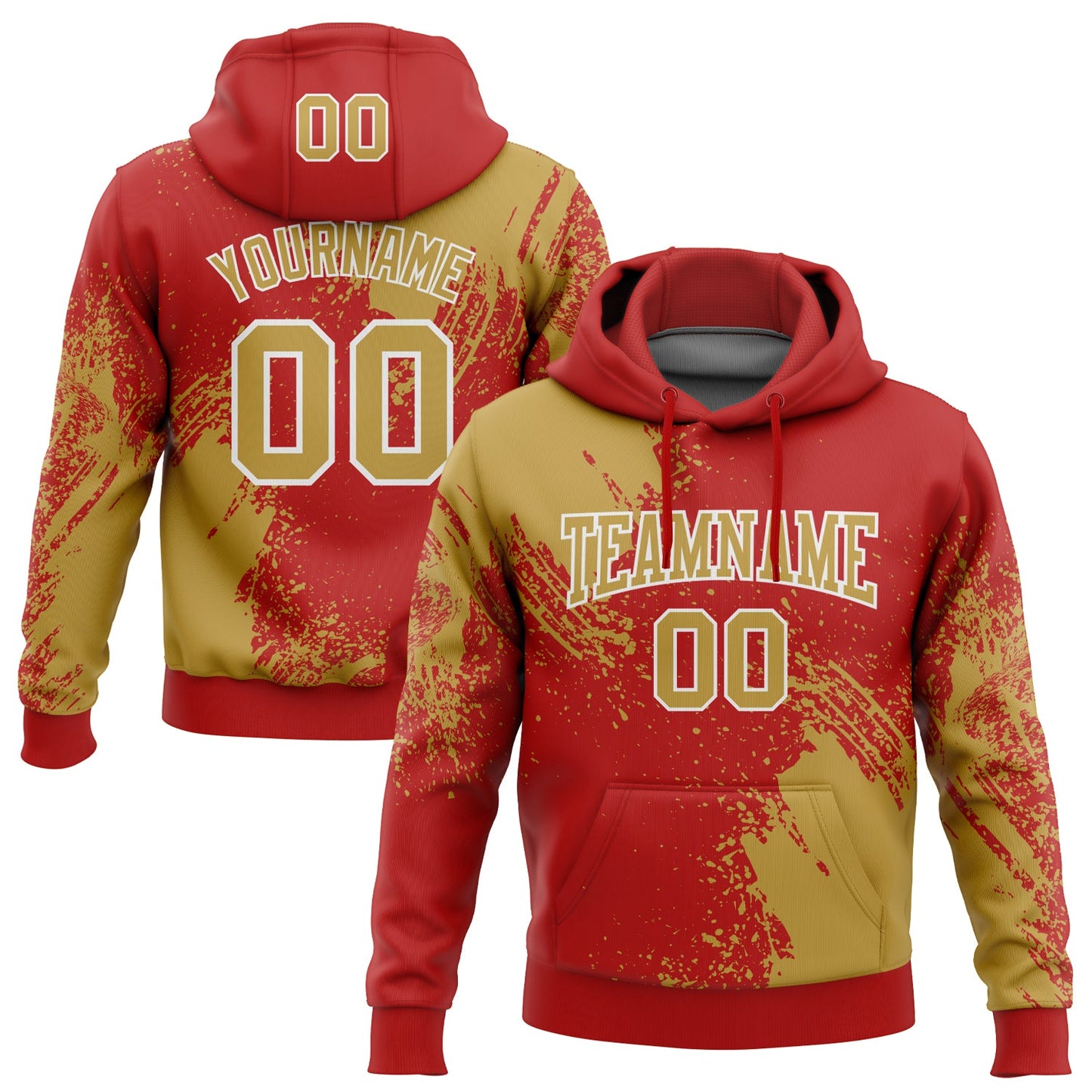 Custom Stitched Red Old Gold-White 3D Pattern Design Abstract Brush Stroke Sports Pullover Sweatshirt Hoodie - Main View