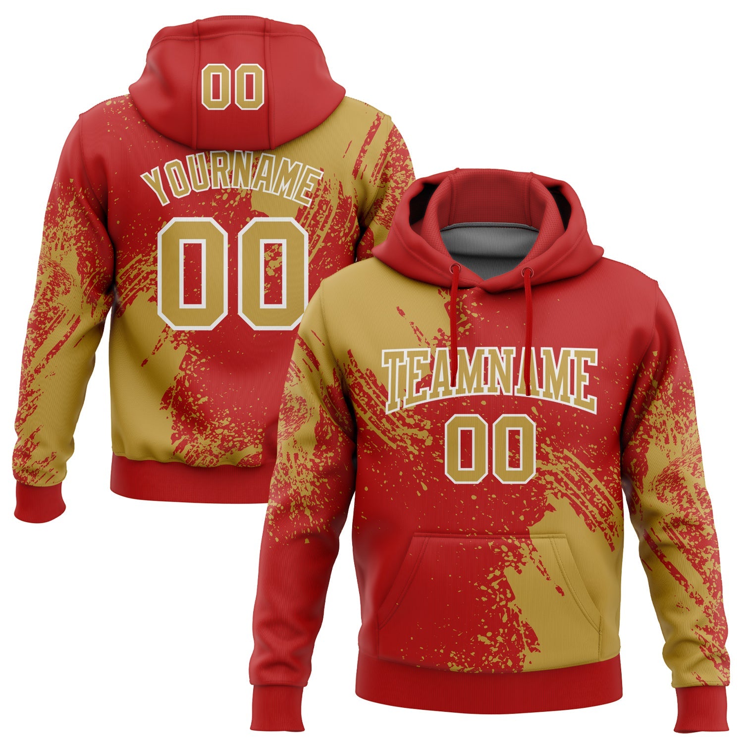 Custom Stitched Red Old Gold-White 3D Pattern Design Abstract Brush Stroke Sports Pullover Sweatshirt Hoodie - Main View