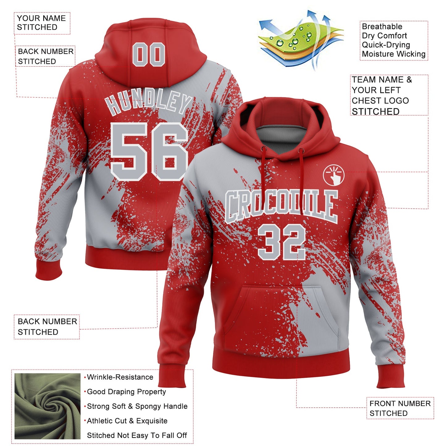 Custom Stitched Red Gray-White 3D Pattern Design Abstract Brush Stroke Sports Pullover Sweatshirt Hoodie view 3