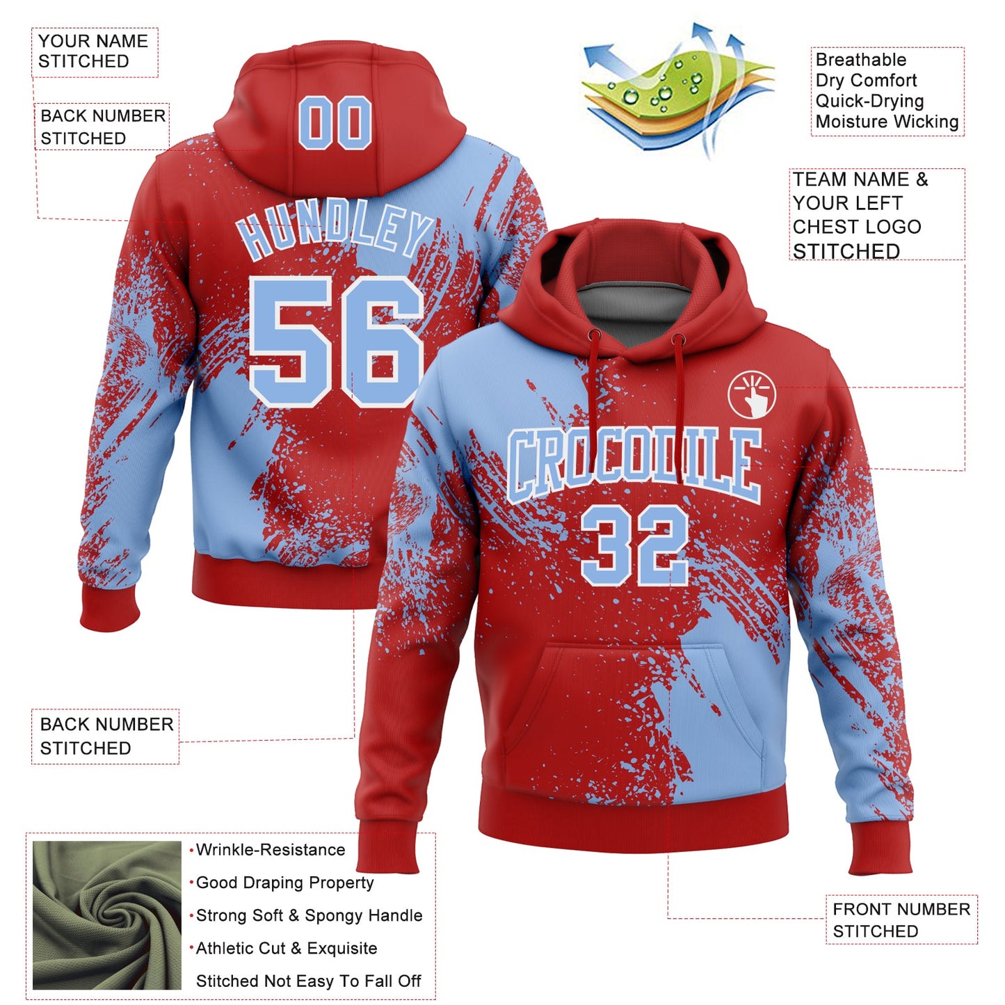 Custom Stitched Red Light Blue-White 3D Pattern Design Abstract Brush Stroke Sports Pullover Sweatshirt Hoodie view 2