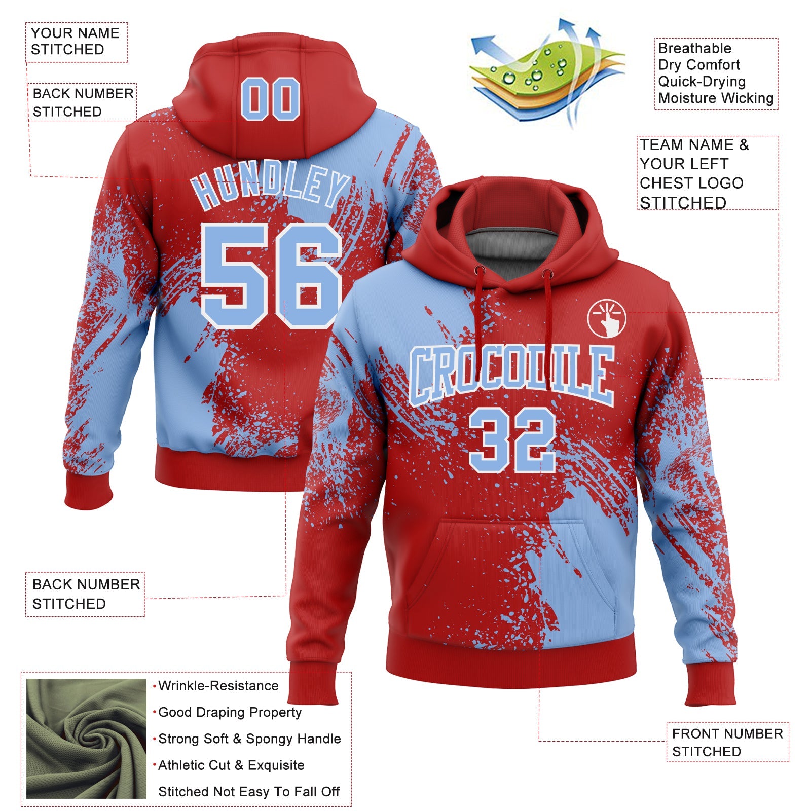 Custom Stitched Red Light Blue-White 3D Pattern Design Abstract Brush Stroke Sports Pullover Sweatshirt Hoodie view 2