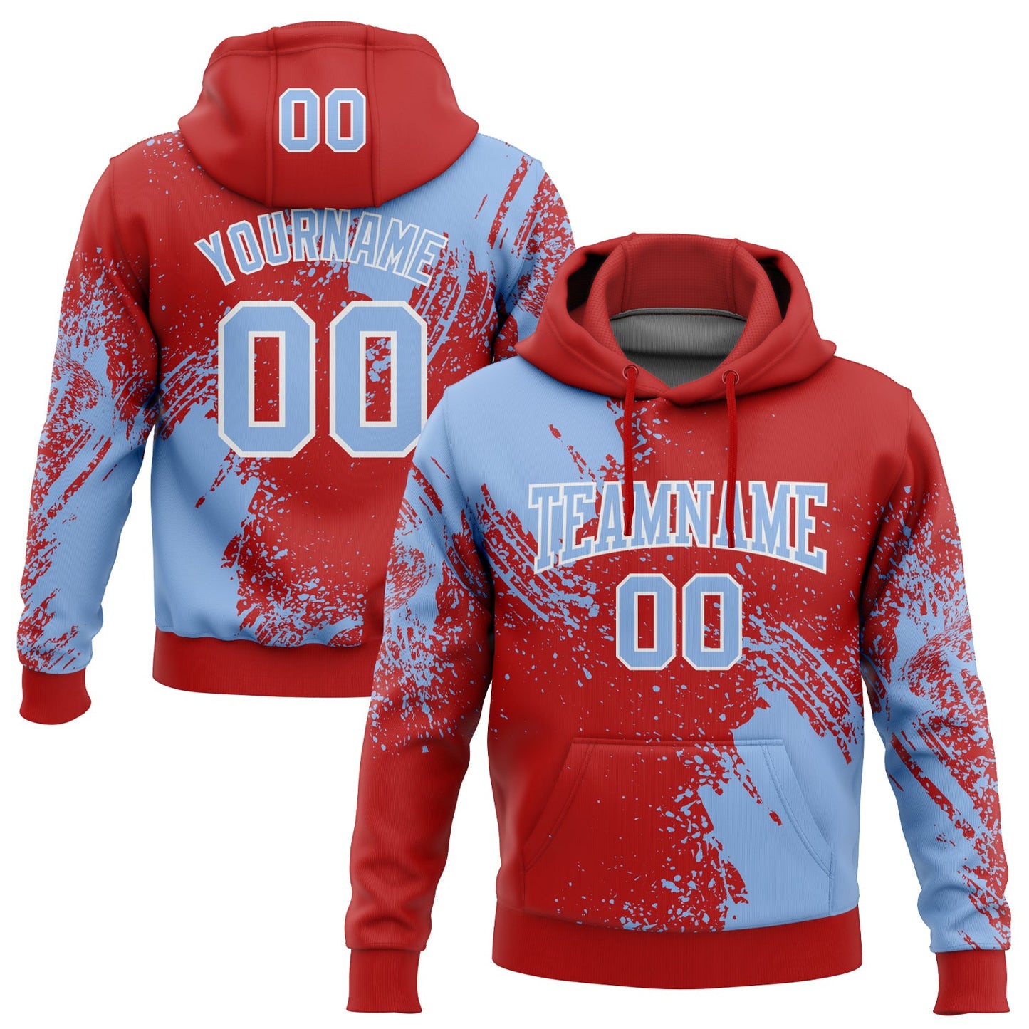 Custom Stitched Red Light Blue-White 3D Pattern Design Abstract Brush Stroke Sports Pullover Sweatshirt Hoodie - Main View