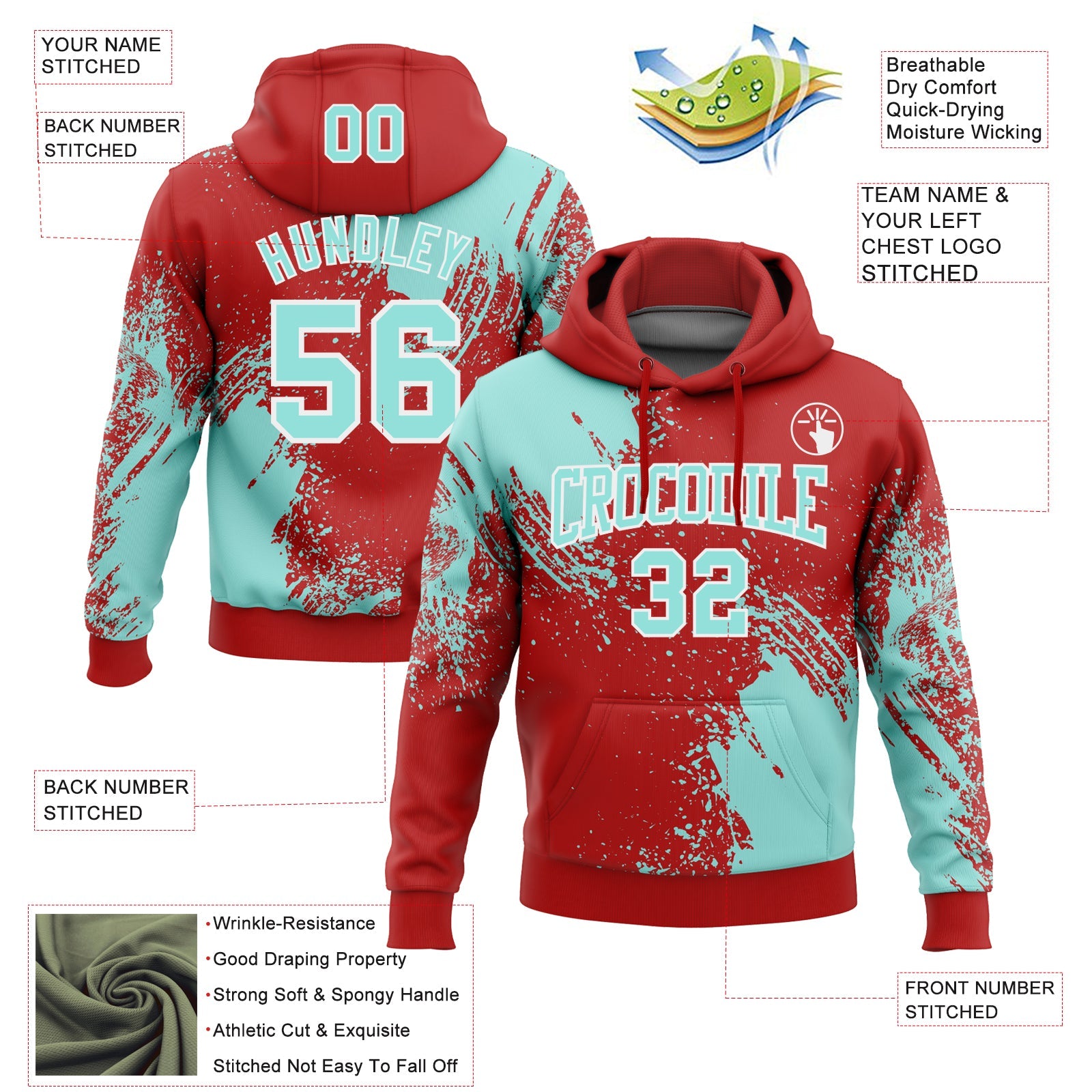 Custom Stitched Red Ice Blue-White 3D Pattern Design Abstract Brush Stroke Sports Pullover Sweatshirt Hoodie view 2