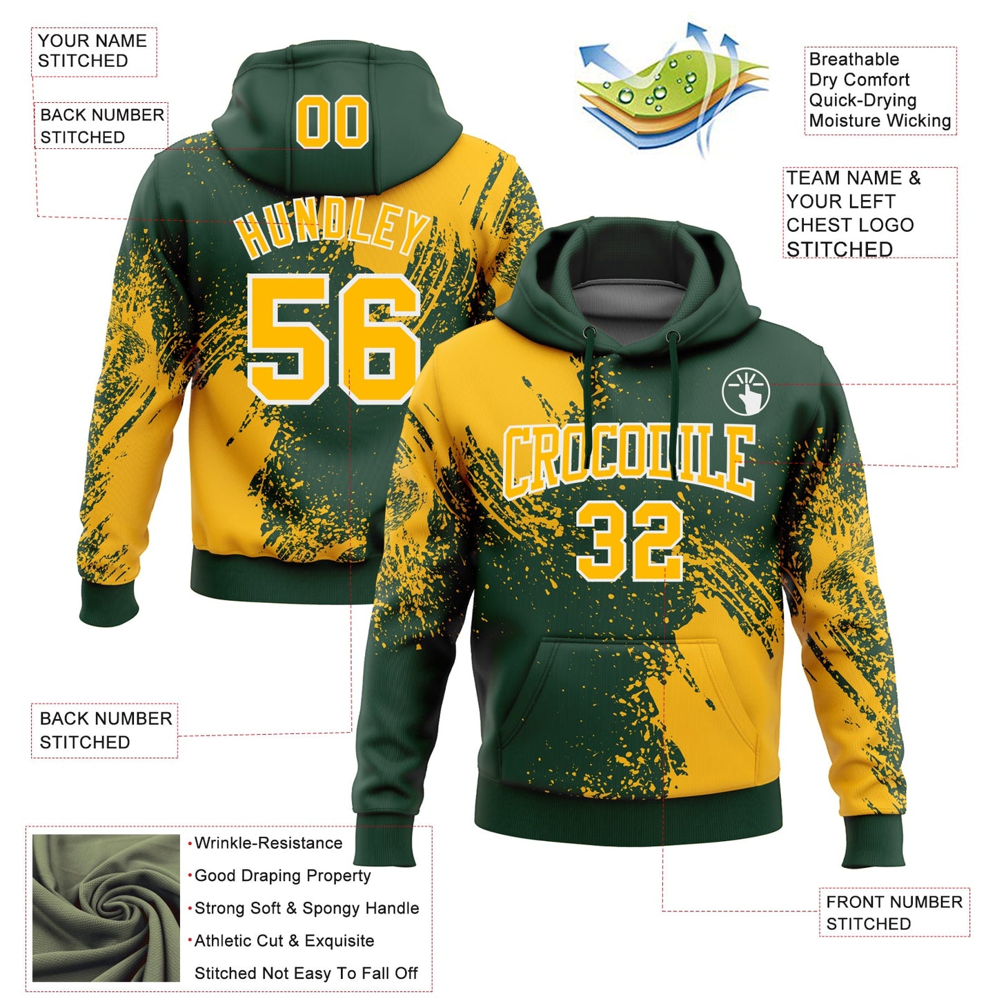 Custom Stitched Green Gold-White 3D Pattern Design Abstract Brush Stroke Sports Pullover Sweatshirt Hoodie view 2
