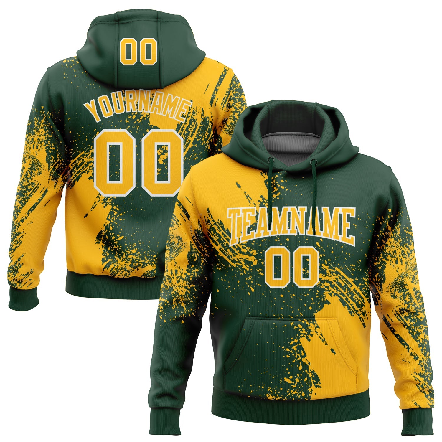 Custom Stitched Green Gold-White 3D Pattern Design Abstract Brush Stroke Sports Pullover Sweatshirt Hoodie - Main View