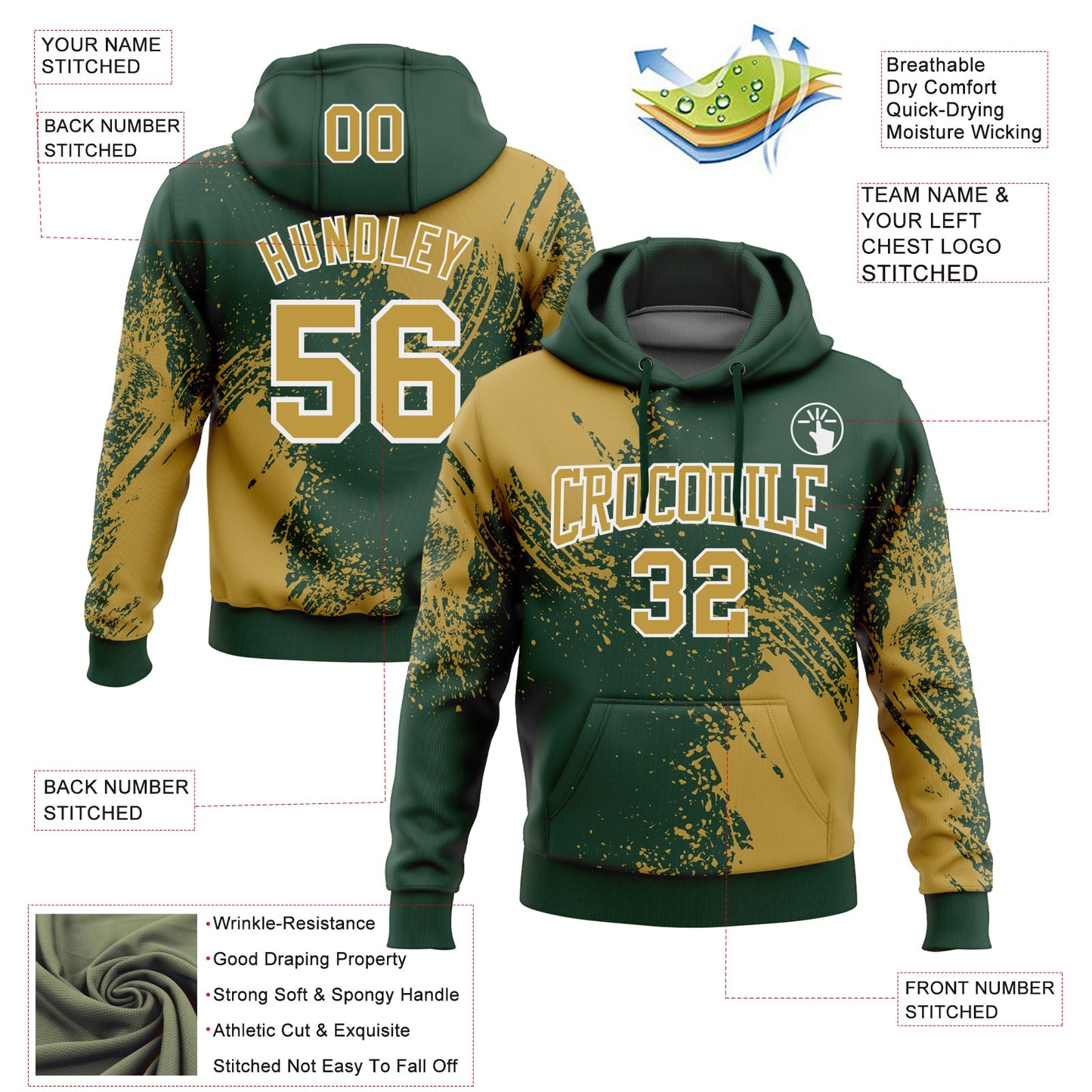 Custom Stitched Green Old Gold-White 3D Pattern Design Abstract Brush Stroke Sports Pullover Sweatshirt Hoodie view 2