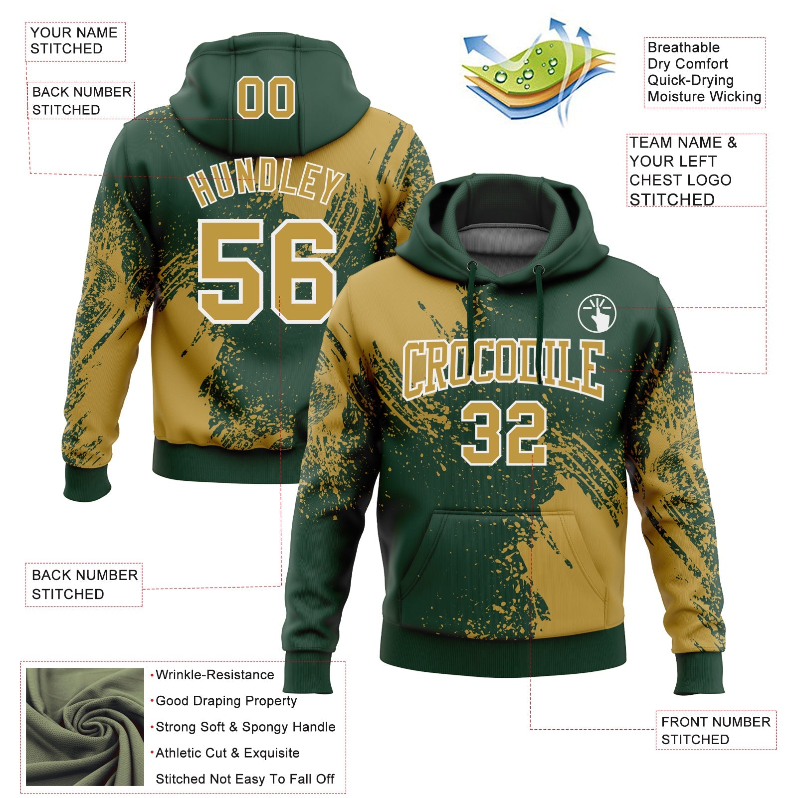 Custom Stitched Green Old Gold-White 3D Pattern Design Abstract Brush Stroke Sports Pullover Sweatshirt Hoodie view 2
