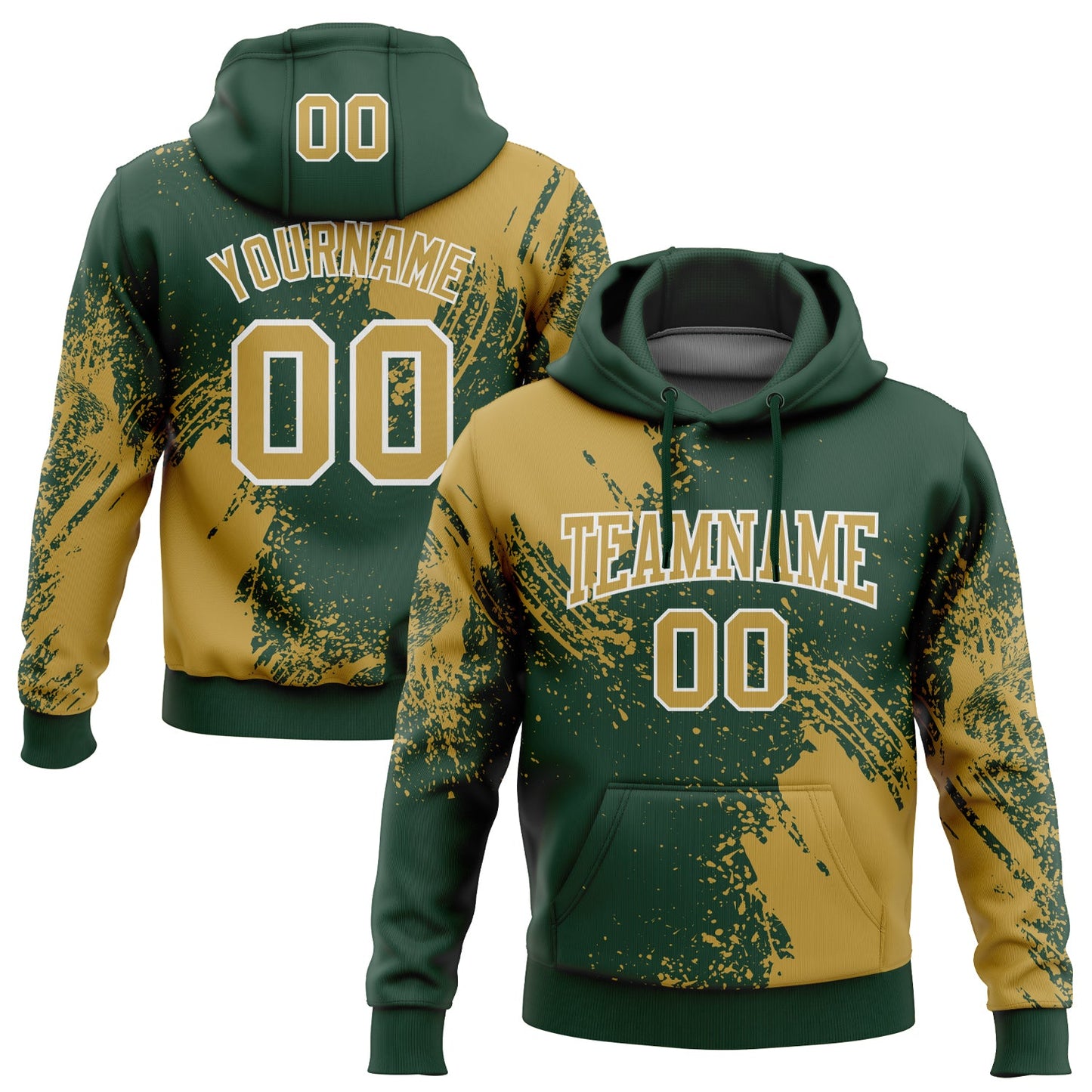 Custom Stitched Green Old Gold-White 3D Pattern Design Abstract Brush Stroke Sports Pullover Sweatshirt Hoodie - Main View