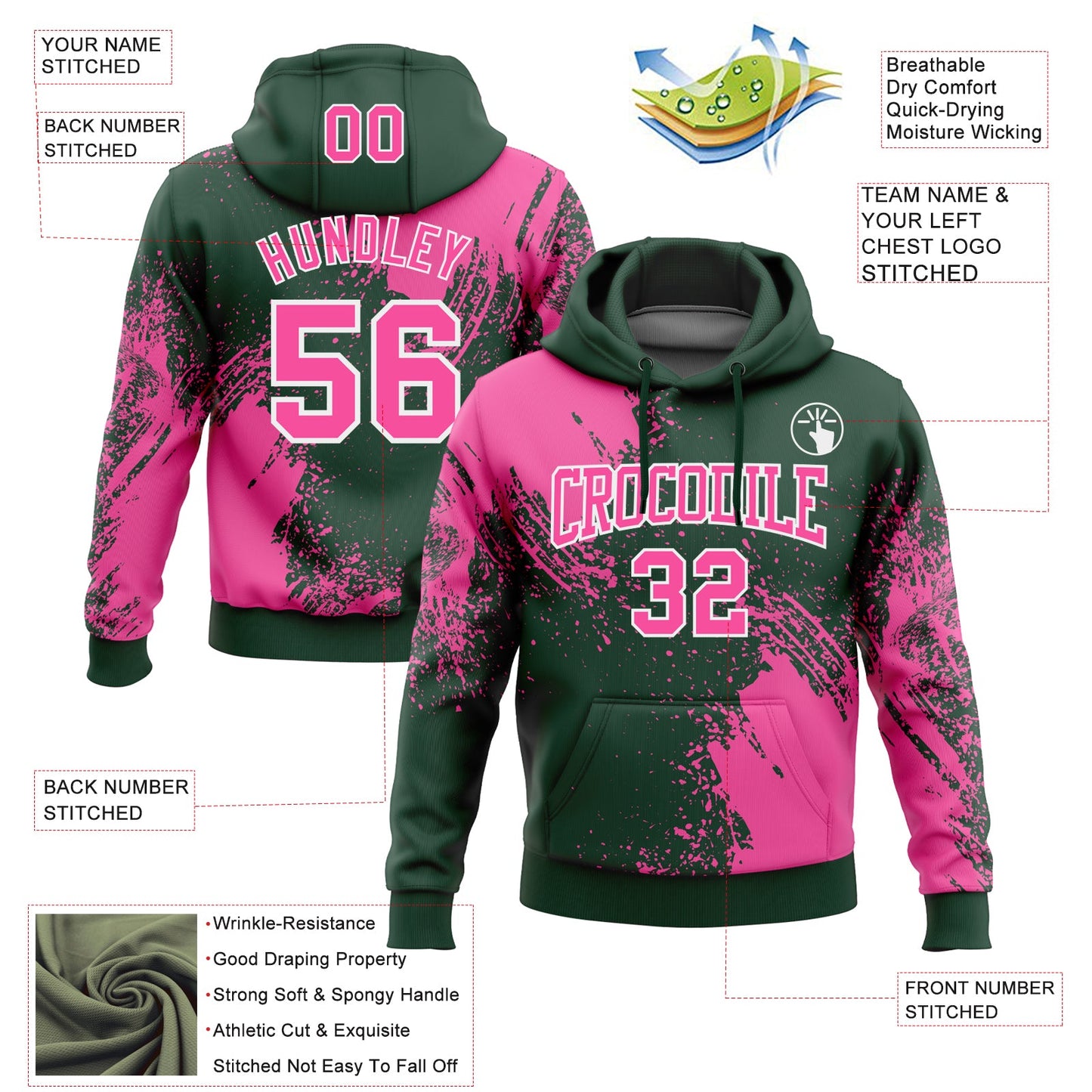 Custom Stitched Green Pink-White 3D Pattern Design Abstract Brush Stroke Sports Pullover Sweatshirt Hoodie view 2