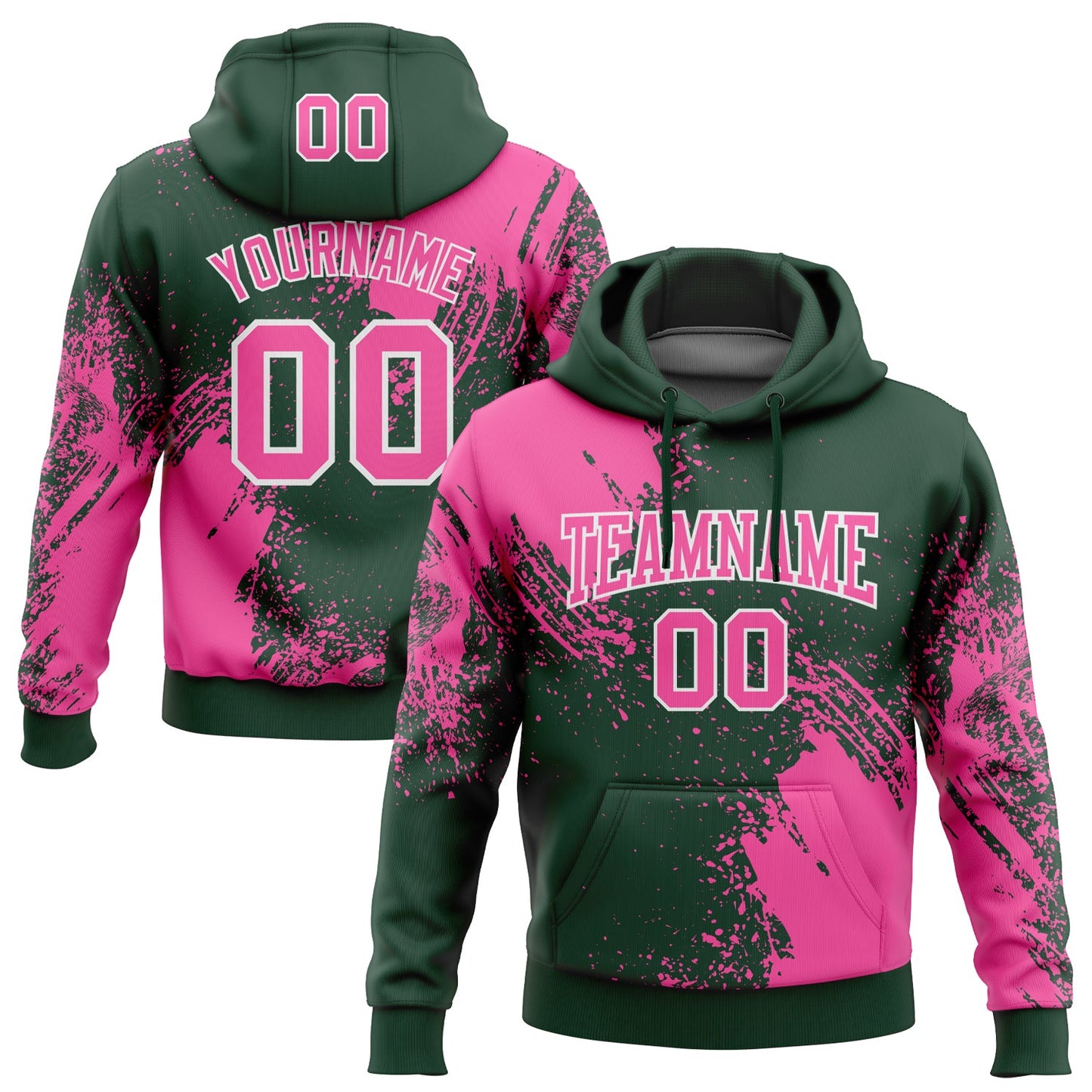 Custom Stitched Green Pink-White 3D Pattern Design Abstract Brush Stroke Sports Pullover Sweatshirt Hoodie - Main View