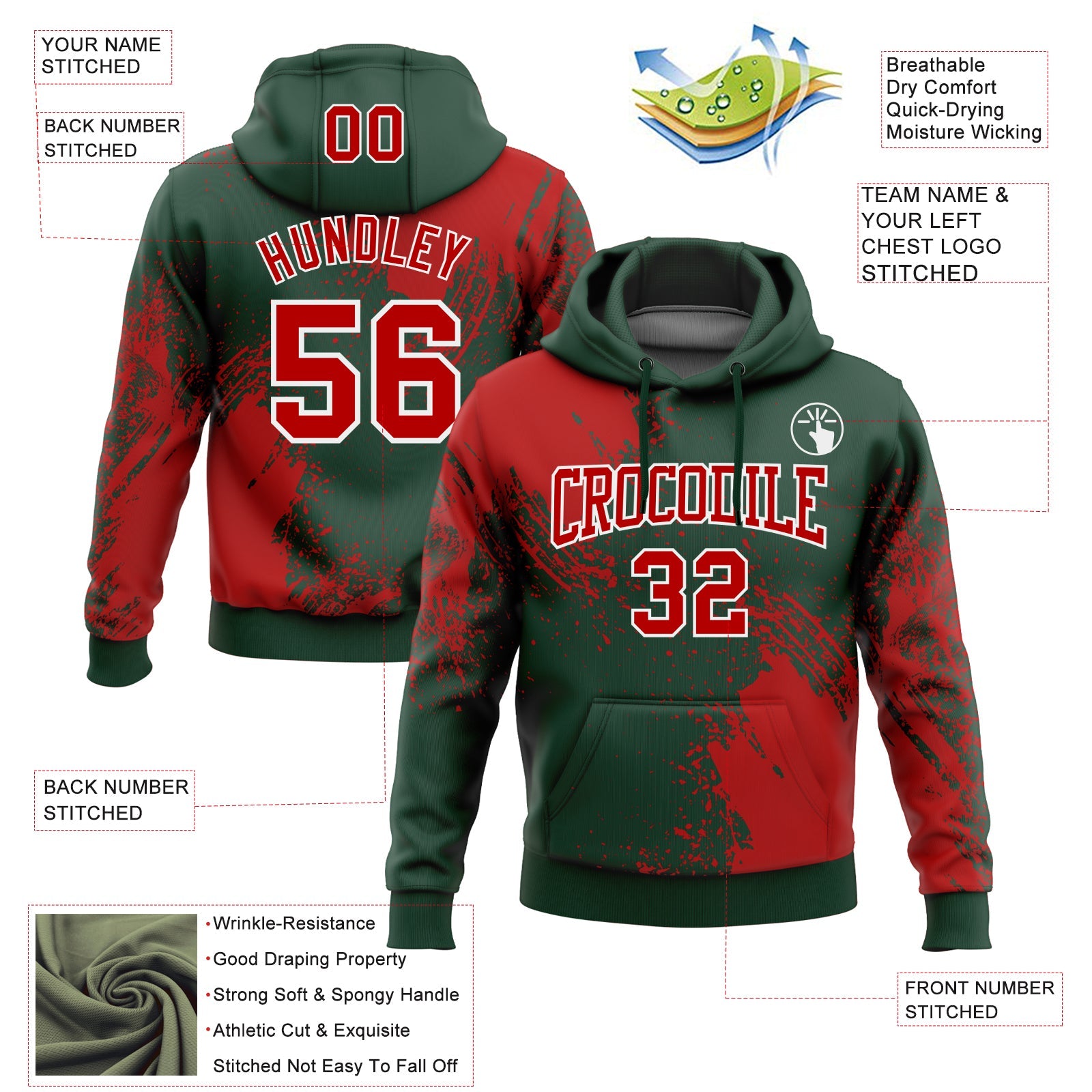 Custom Stitched Green Red-White 3D Pattern Design Abstract Brush Stroke Sports Pullover Sweatshirt Hoodie view 2