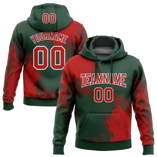 Custom Stitched Green Red-White 3D Pattern Design Abstract Brush Stroke Sports Pullover Sweatshirt Hoodie - Main View