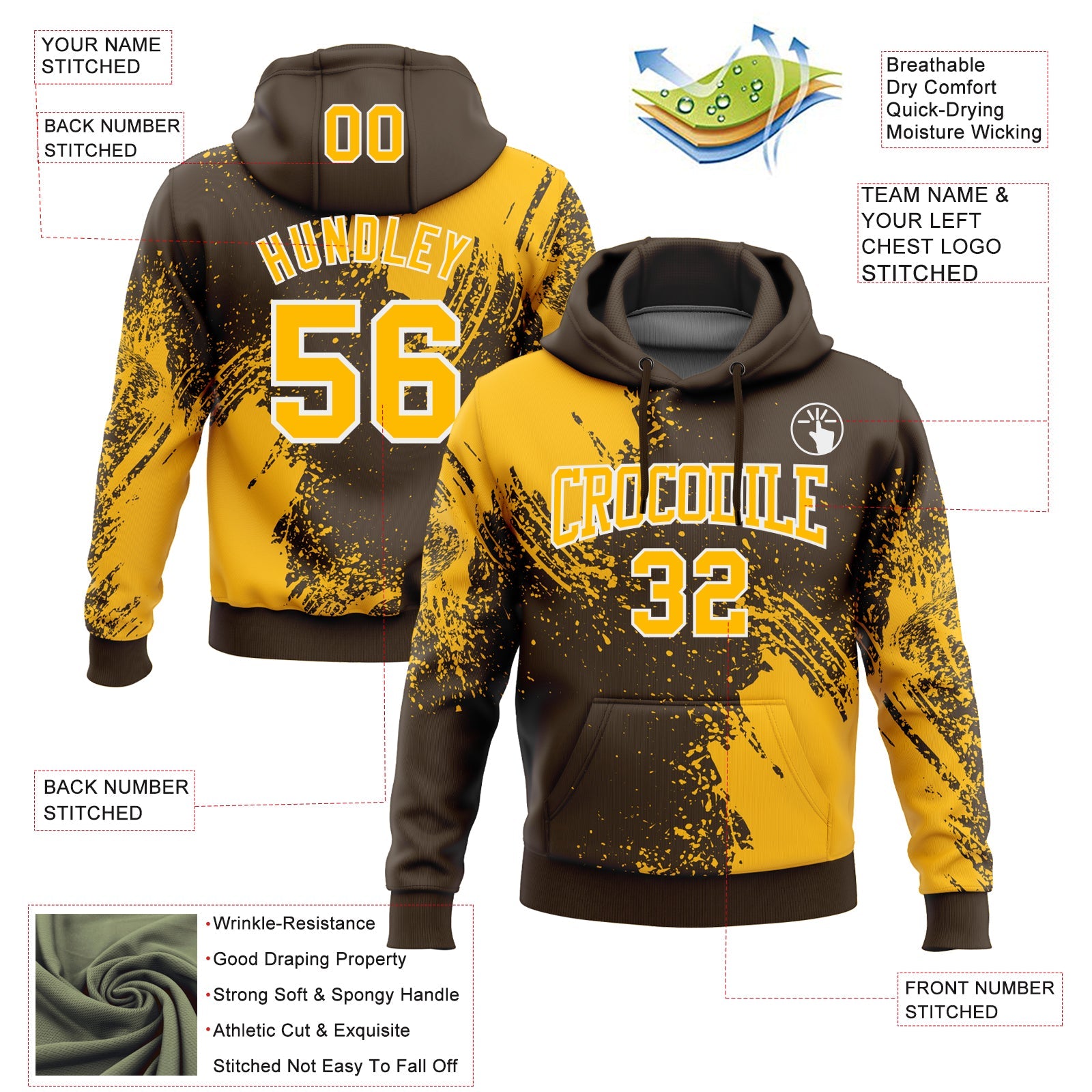Custom Stitched Brown Gold-White 3D Pattern Design Abstract Brush Stroke Sports Pullover Sweatshirt Hoodie view 2