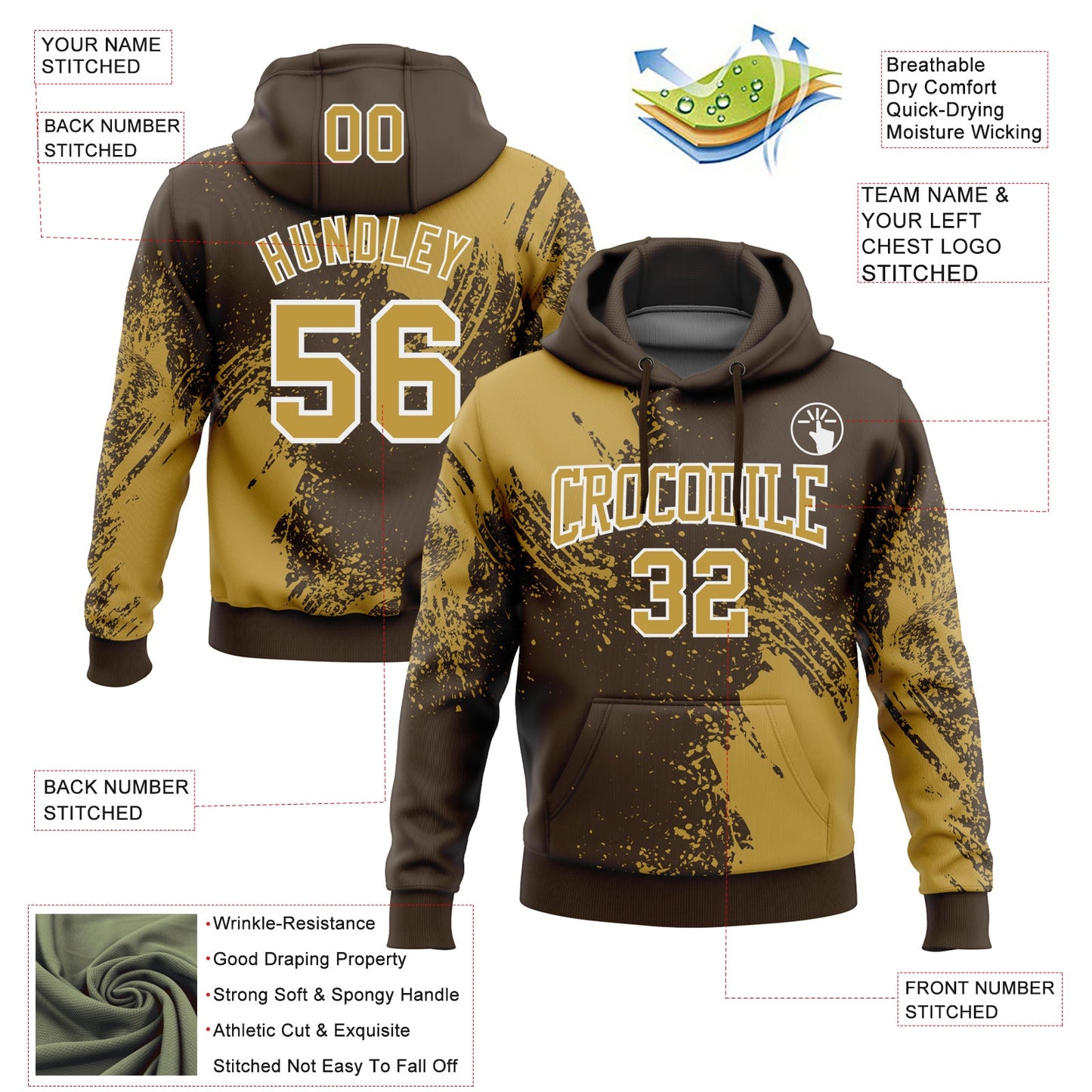 Custom Stitched Brown Old Gold-White 3D Pattern Design Abstract Brush Stroke Sports Pullover Sweatshirt Hoodie view 2