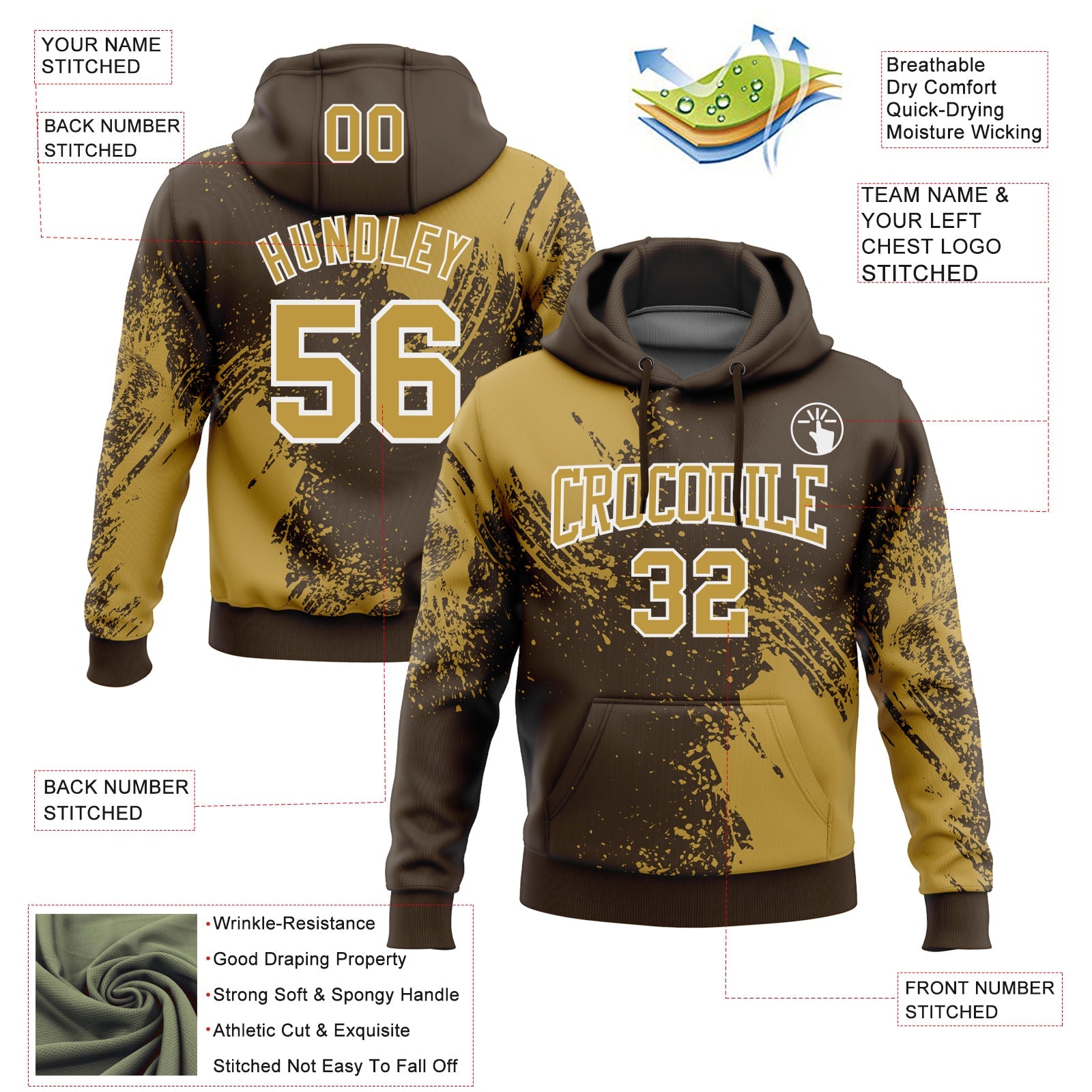 Custom Stitched Brown Old Gold-White 3D Pattern Design Abstract Brush Stroke Sports Pullover Sweatshirt Hoodie view 2
