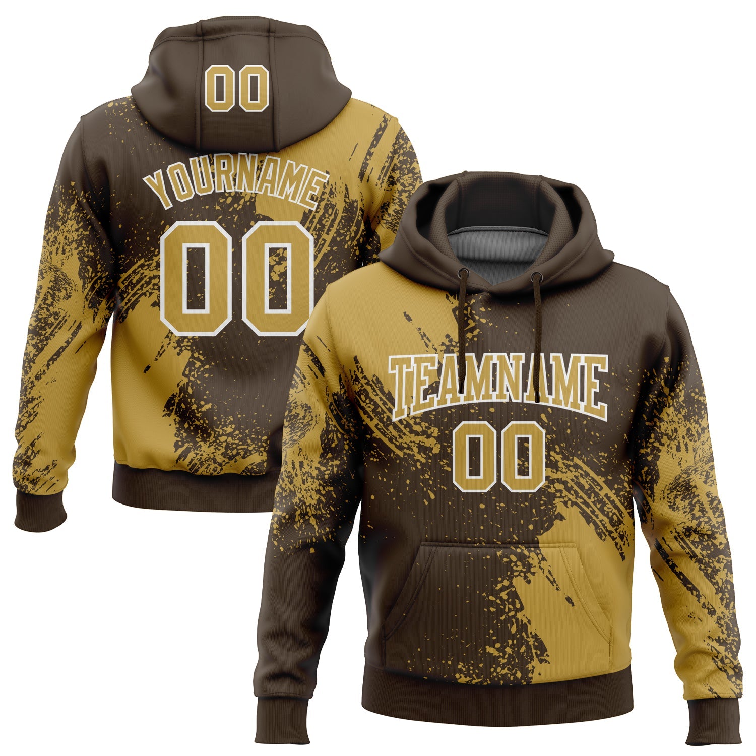 Custom Stitched Brown Old Gold-White 3D Pattern Design Abstract Brush Stroke Sports Pullover Sweatshirt Hoodie - Main View