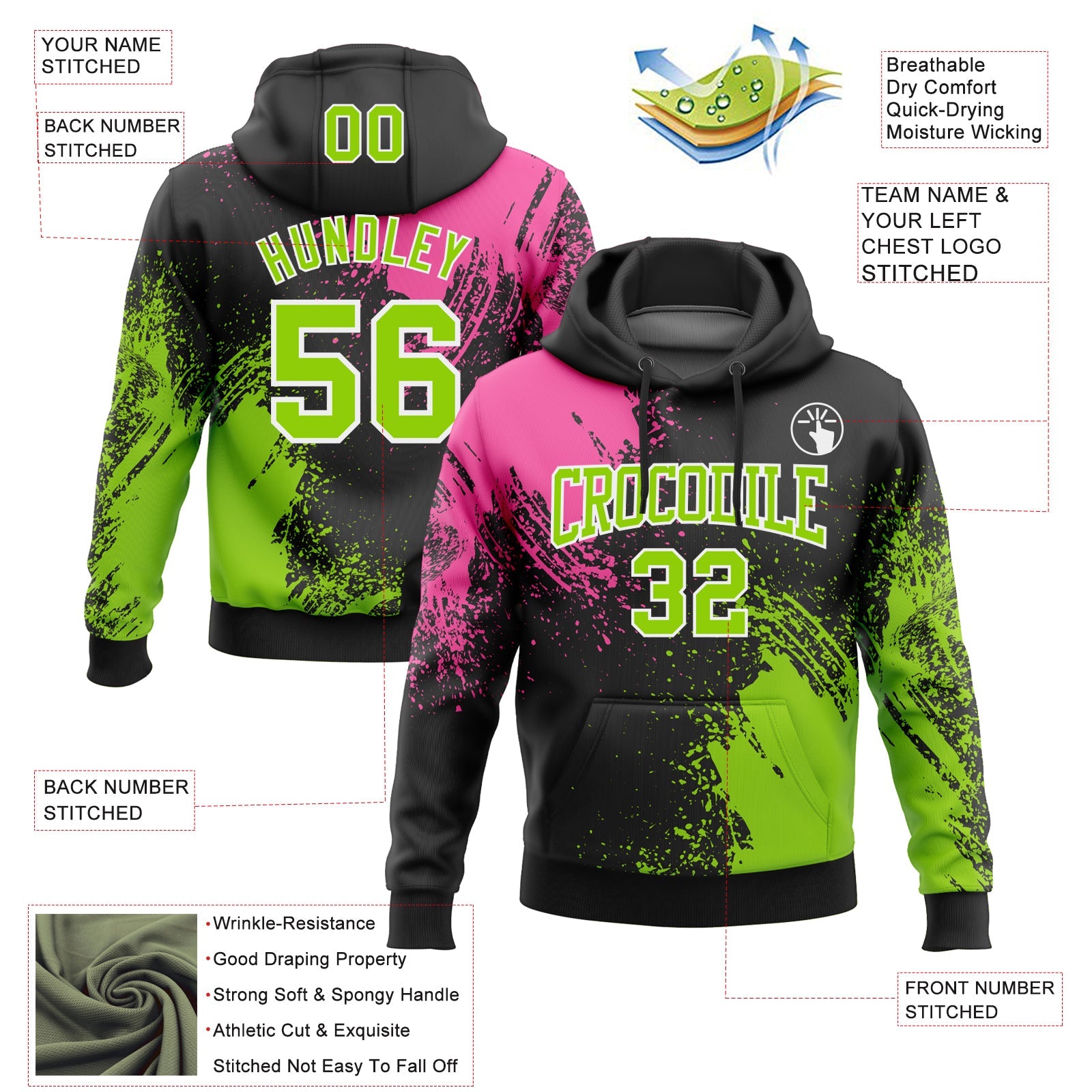 Custom Stitched Black Neon Green-Pink 3D Pattern Design Abstract Brush Stroke Sports Pullover Sweatshirt Hoodie view 2