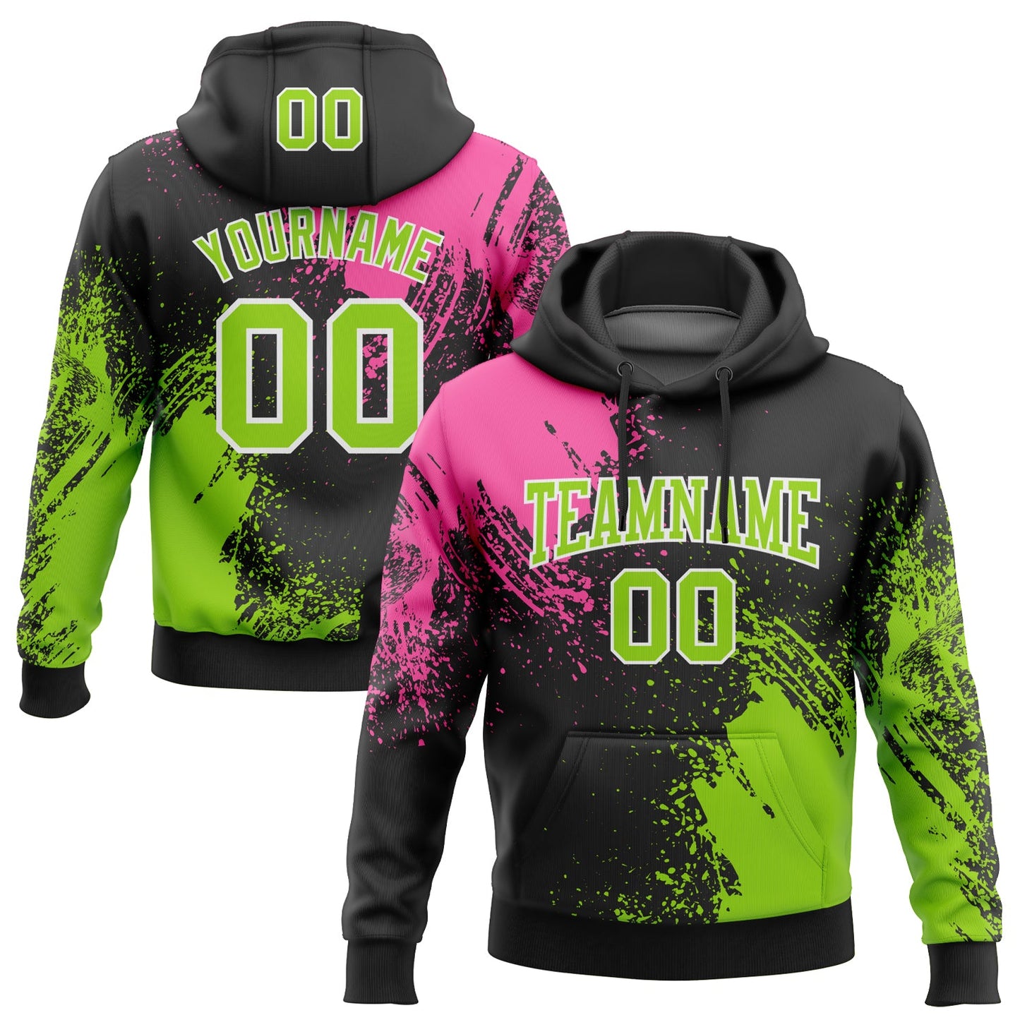 Custom Stitched Black Neon Green-Pink 3D Pattern Design Abstract Brush Stroke Sports Pullover Sweatshirt Hoodie - Main View