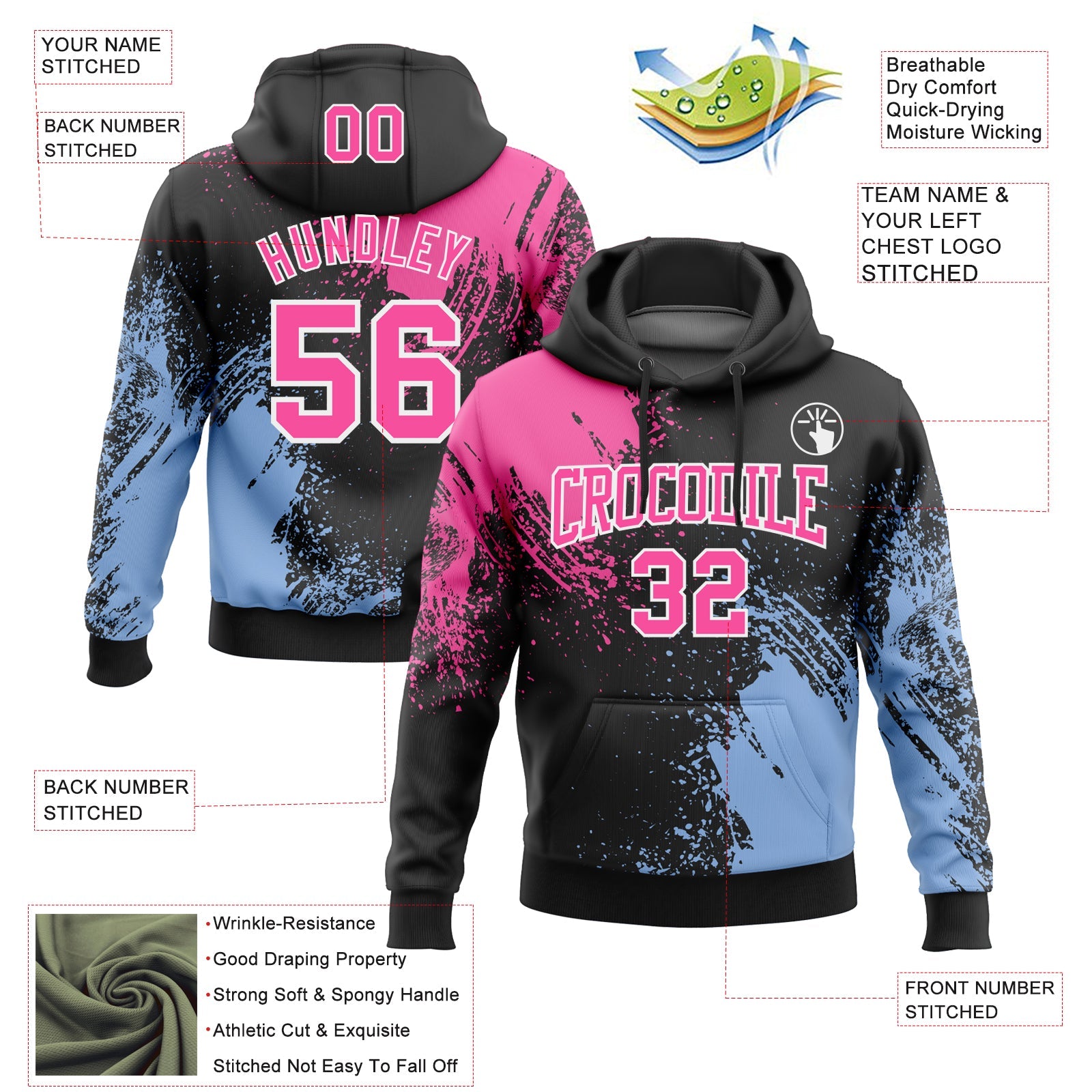 Custom Stitched Black Pink-Light Blue 3D Pattern Design Abstract Brush Stroke Sports Pullover Sweatshirt Hoodie view 2