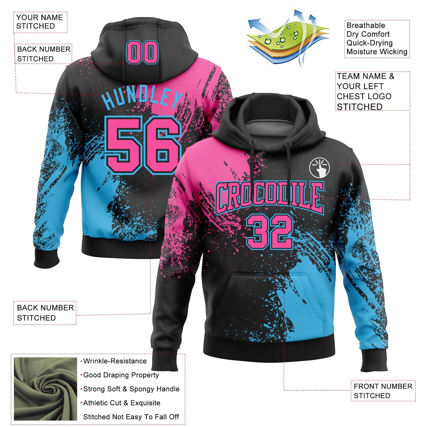 Custom Stitched Black Pink-Sky Blue 3D Pattern Design Abstract Brush Stroke Sports Pullover Sweatshirt Hoodie view 2
