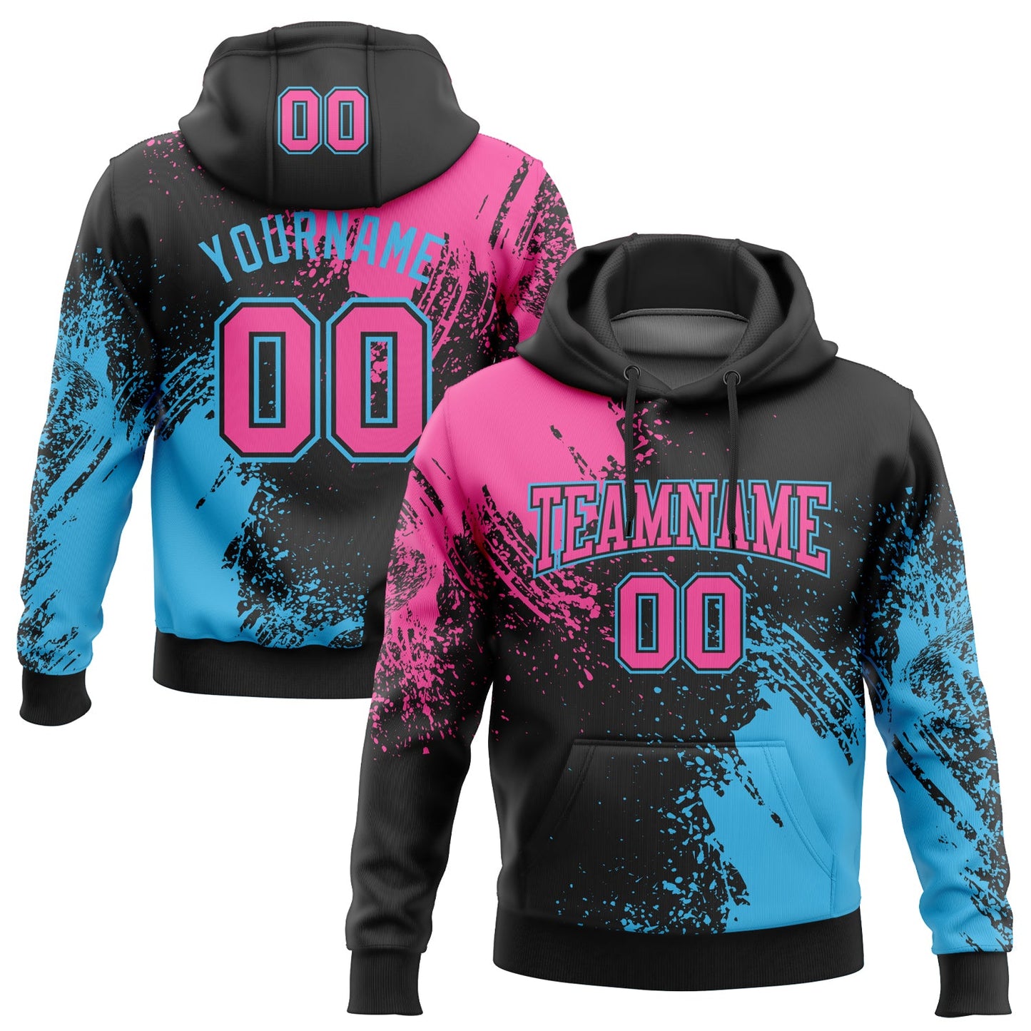 Custom Stitched Black Pink-Sky Blue 3D Pattern Design Abstract Brush Stroke Sports Pullover Sweatshirt Hoodie - Main View