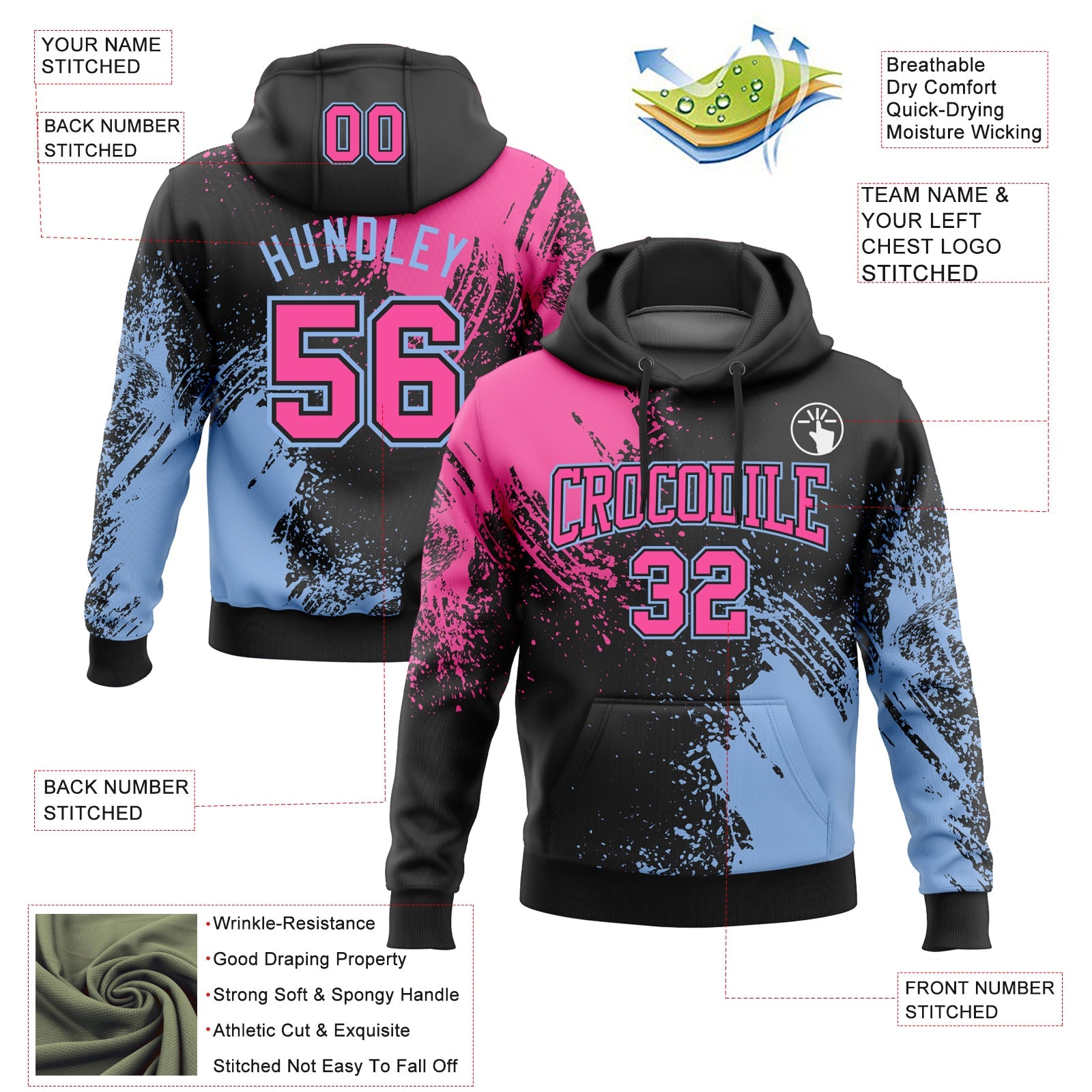 Custom Stitched Black Pink-Light Blue 3D Pattern Design Abstract Brush Stroke Sports Pullover Sweatshirt Hoodie view 2