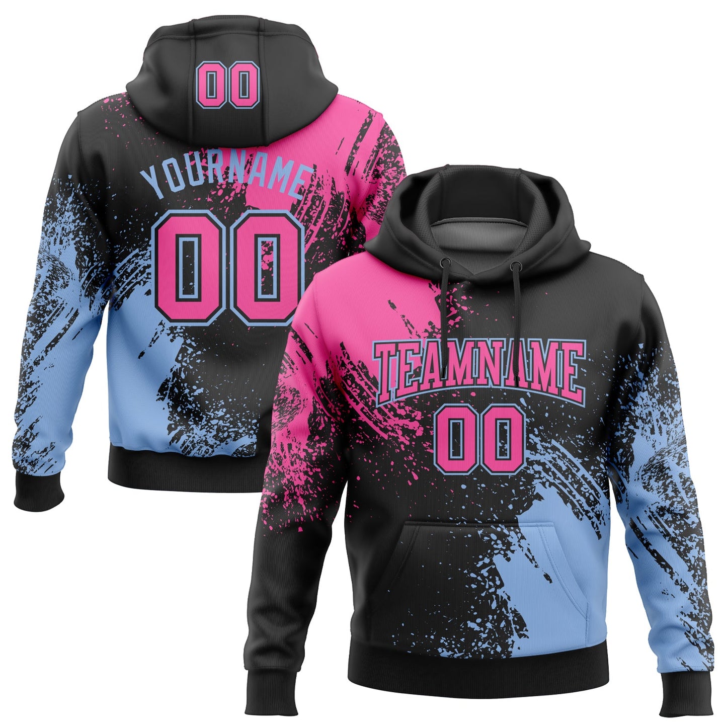 Custom Stitched Black Pink-Light Blue 3D Pattern Design Abstract Brush Stroke Sports Pullover Sweatshirt Hoodie - Main View