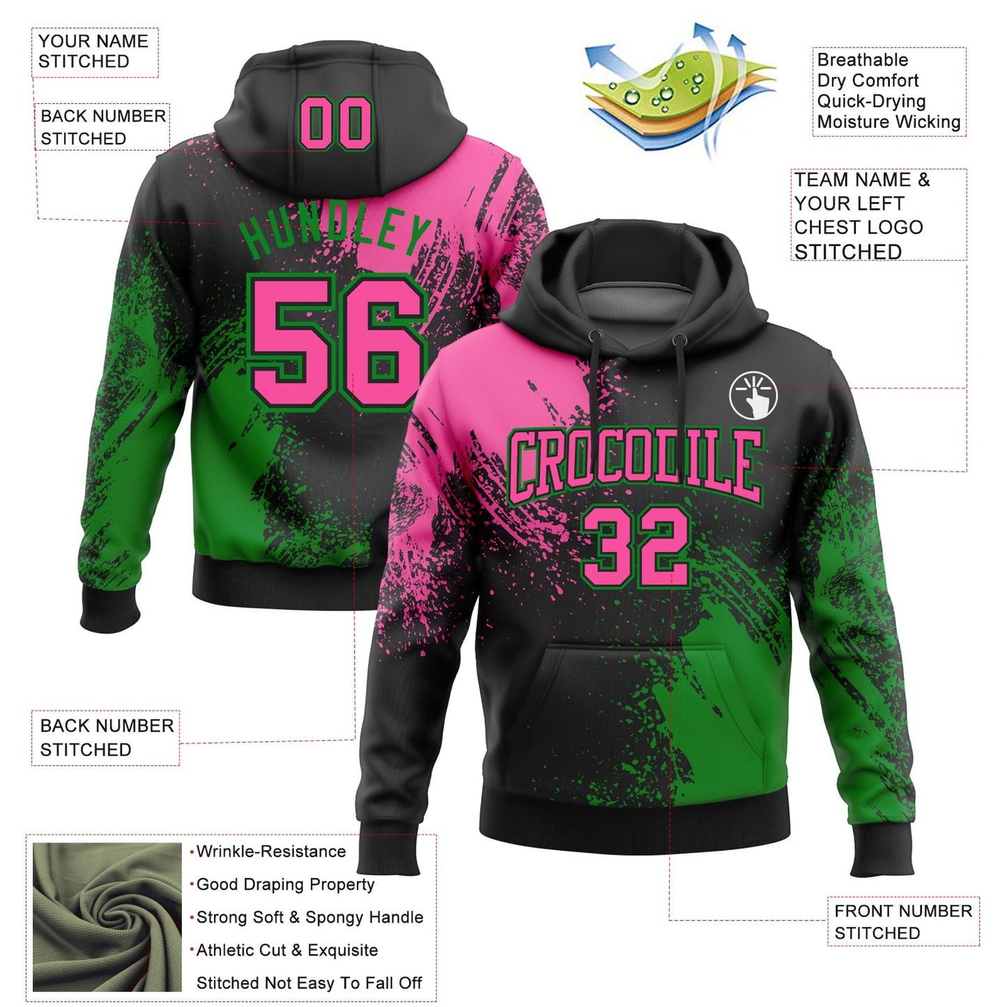 Custom Stitched Black Pink-Grass Green 3D Pattern Design Abstract Brush Stroke Sports Pullover Sweatshirt Hoodie view 2