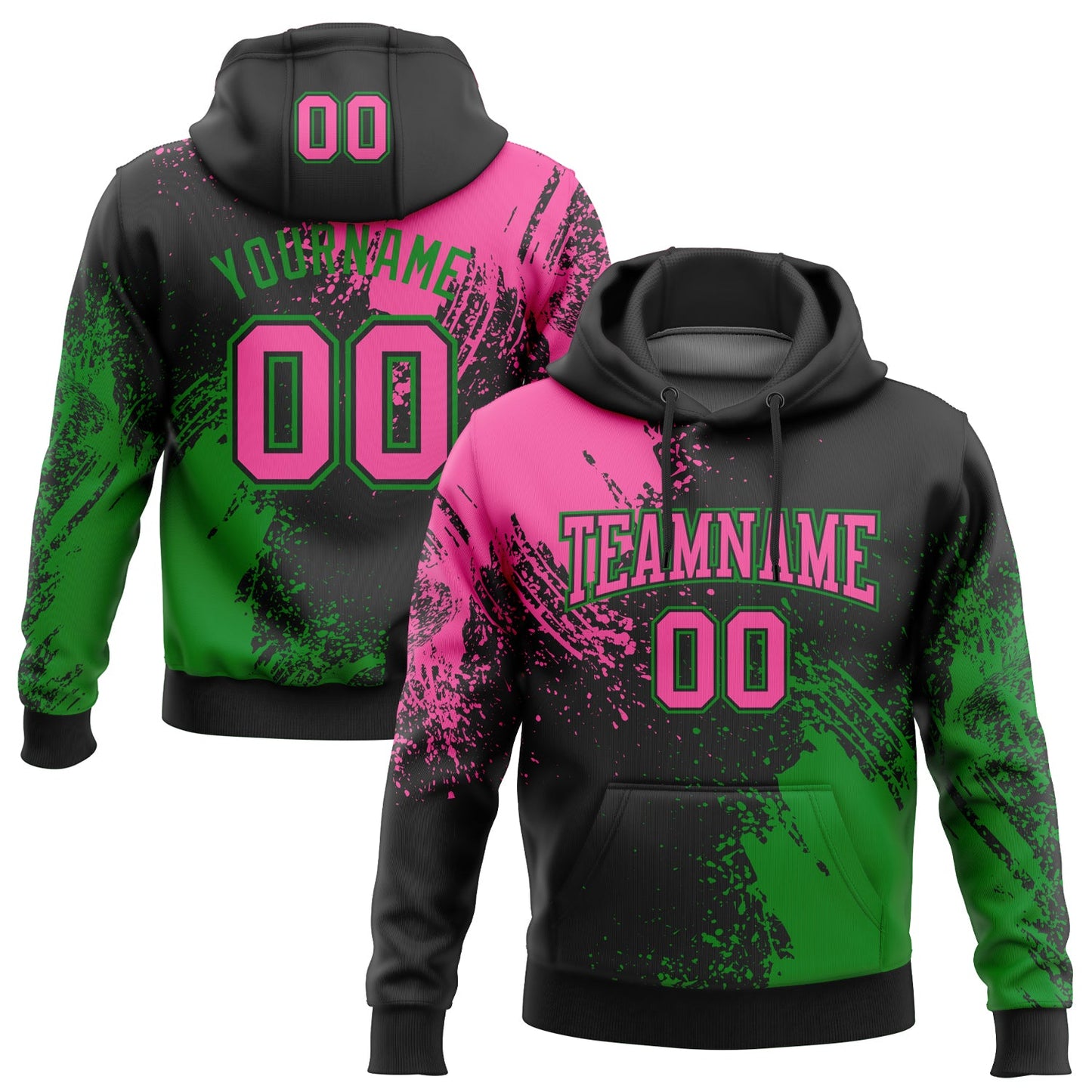 Custom Stitched Black Pink-Grass Green 3D Pattern Design Abstract Brush Stroke Sports Pullover Sweatshirt Hoodie - Main View