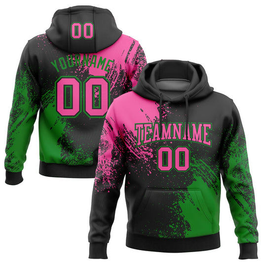 Custom Stitched Black Pink-Grass Green 3D Pattern Design Abstract Brush Stroke Sports Pullover Sweatshirt Hoodie - Main View
