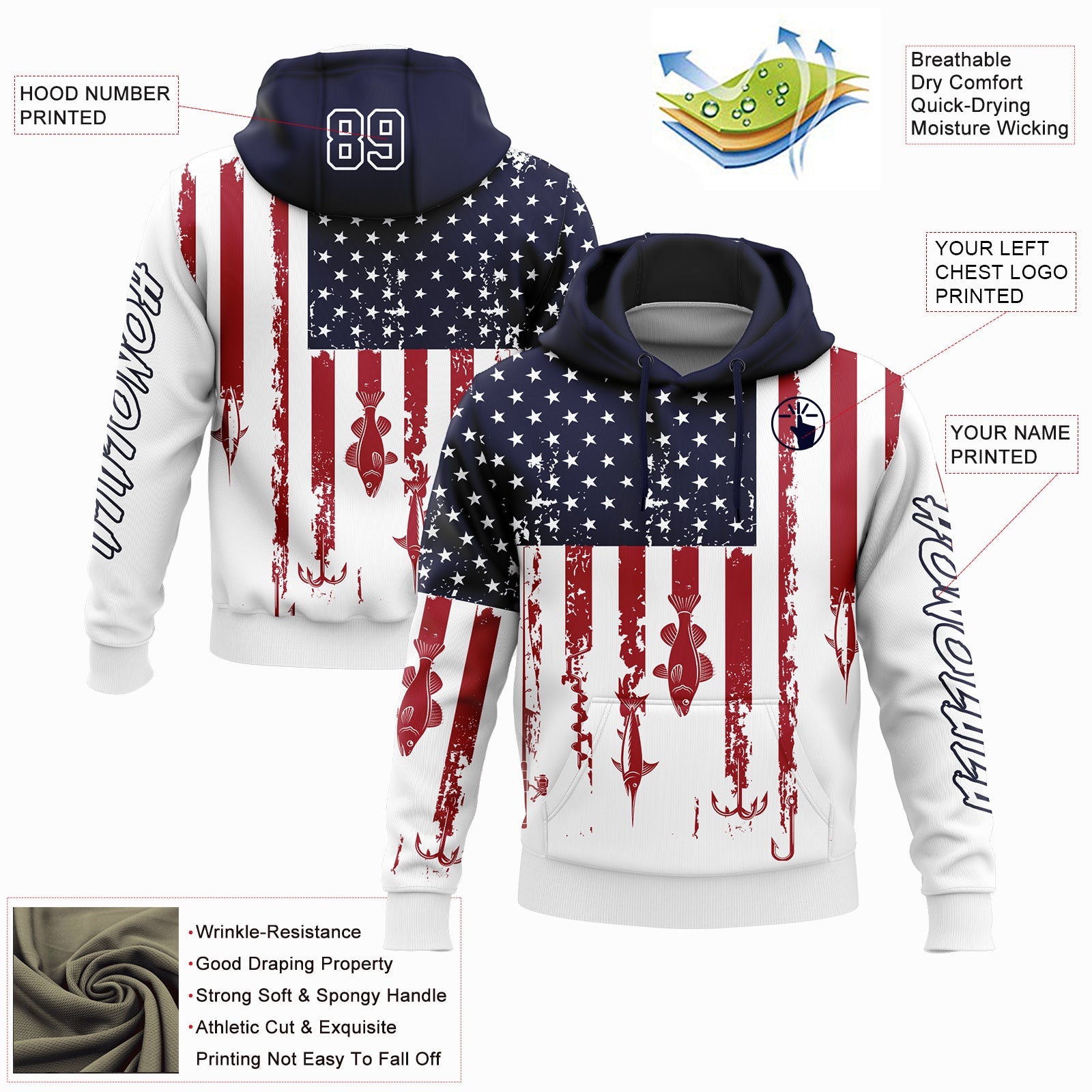 Custom White Navy-Red 3D American Flag And Fish Hook Fishing Sports Pullover Sweatshirt Hoodie view 2