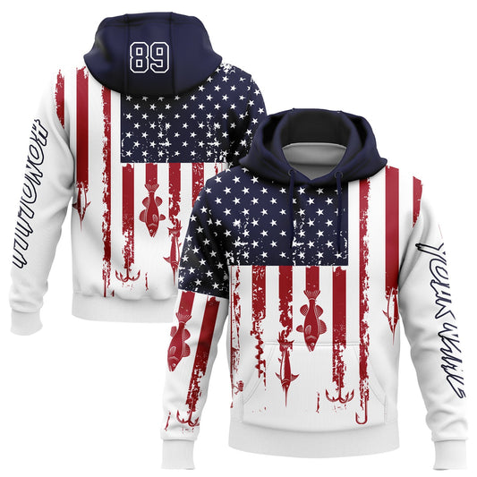 Custom White Navy-Red 3D American Flag And Fish Hook Fishing Sports Pullover Sweatshirt Hoodie - Main View