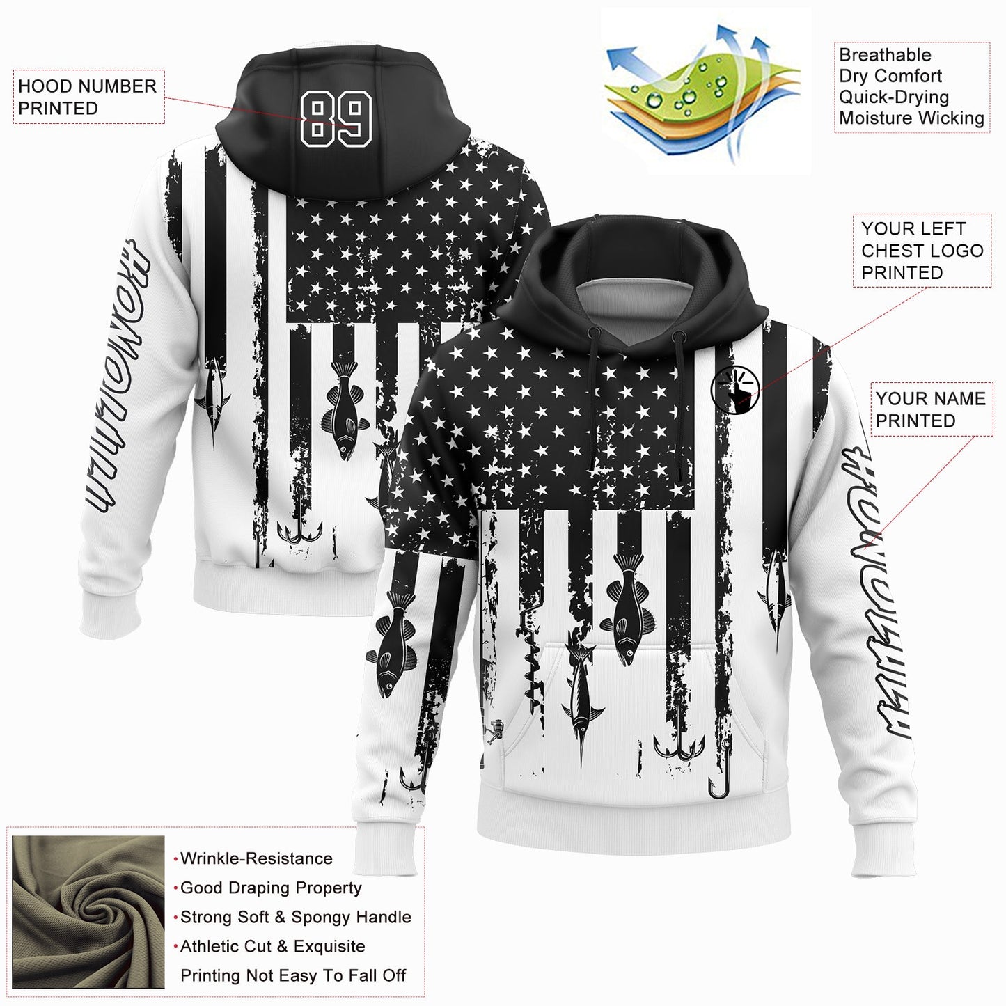 Custom White Black 3D American Flag And Fish Hook Fishing Sports Pullover Sweatshirt Hoodie view 2