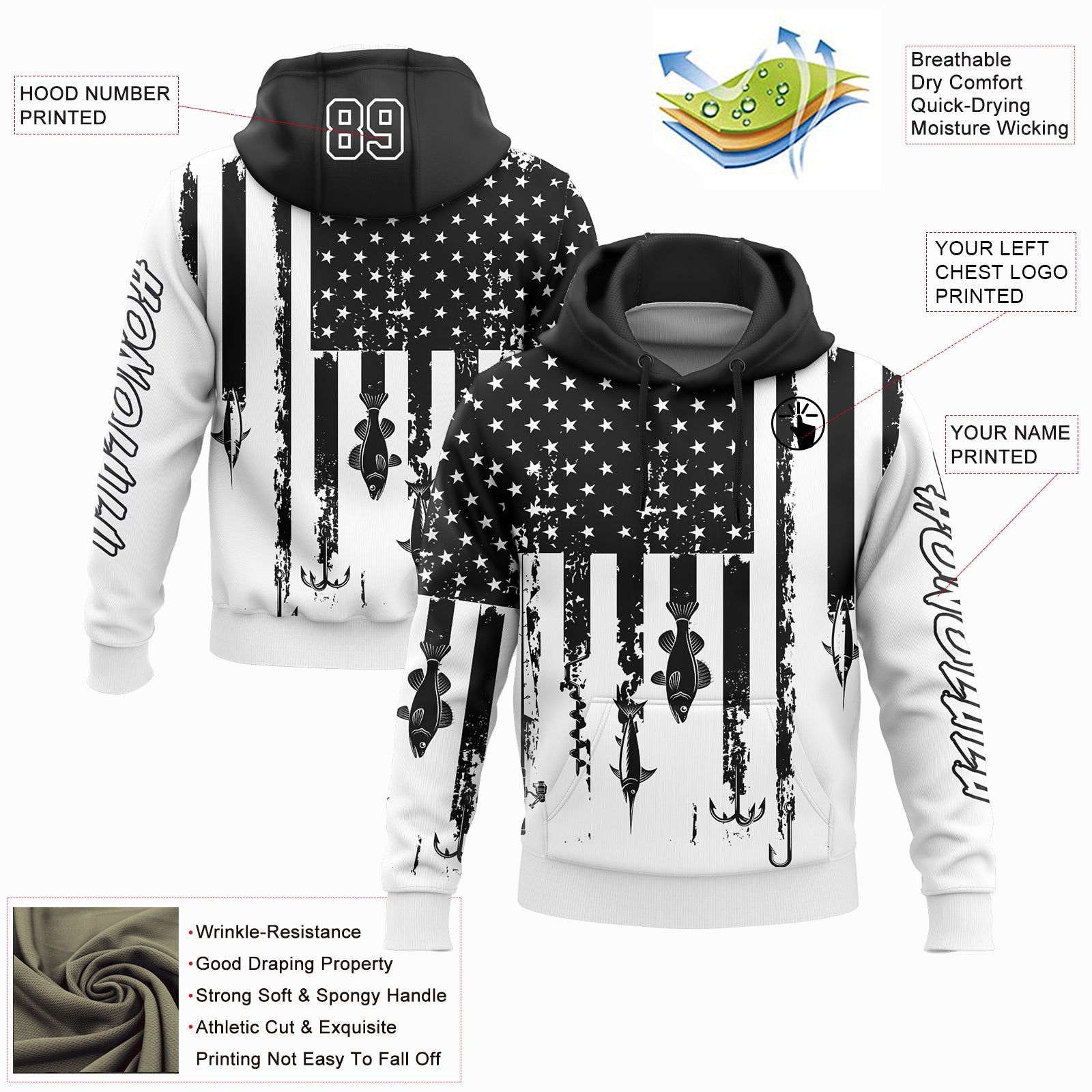 Custom White Black 3D American Flag And Fish Hook Fishing Sports Pullover Sweatshirt Hoodie view 2