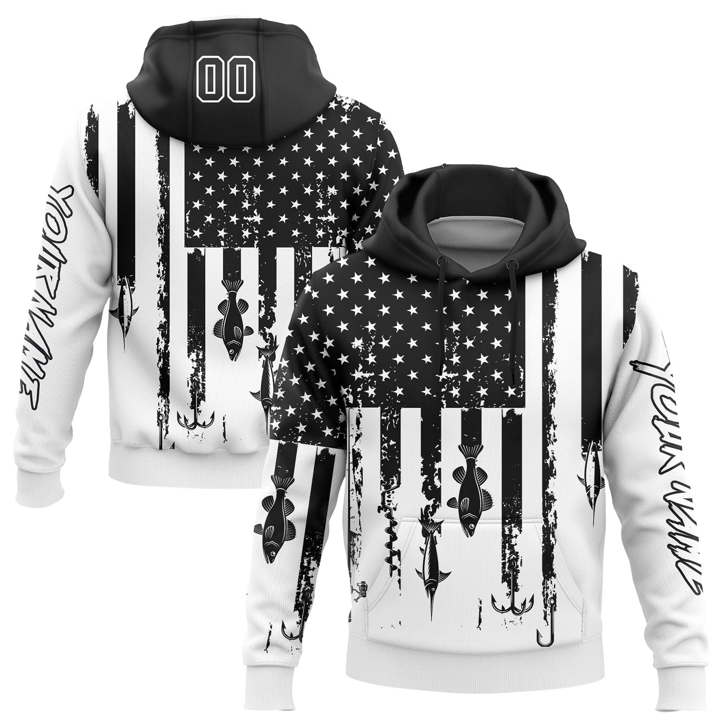 Custom White Black 3D American Flag And Fish Hook Fishing Sports Pullover Sweatshirt Hoodie - Main View