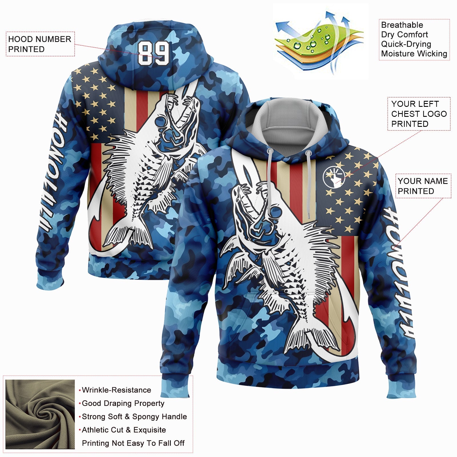 Custom Camo White-Black 3D American Flag And Fish Hook Skull Fishing Sports Pullover Sweatshirt Salute To Service Hoodie view 2