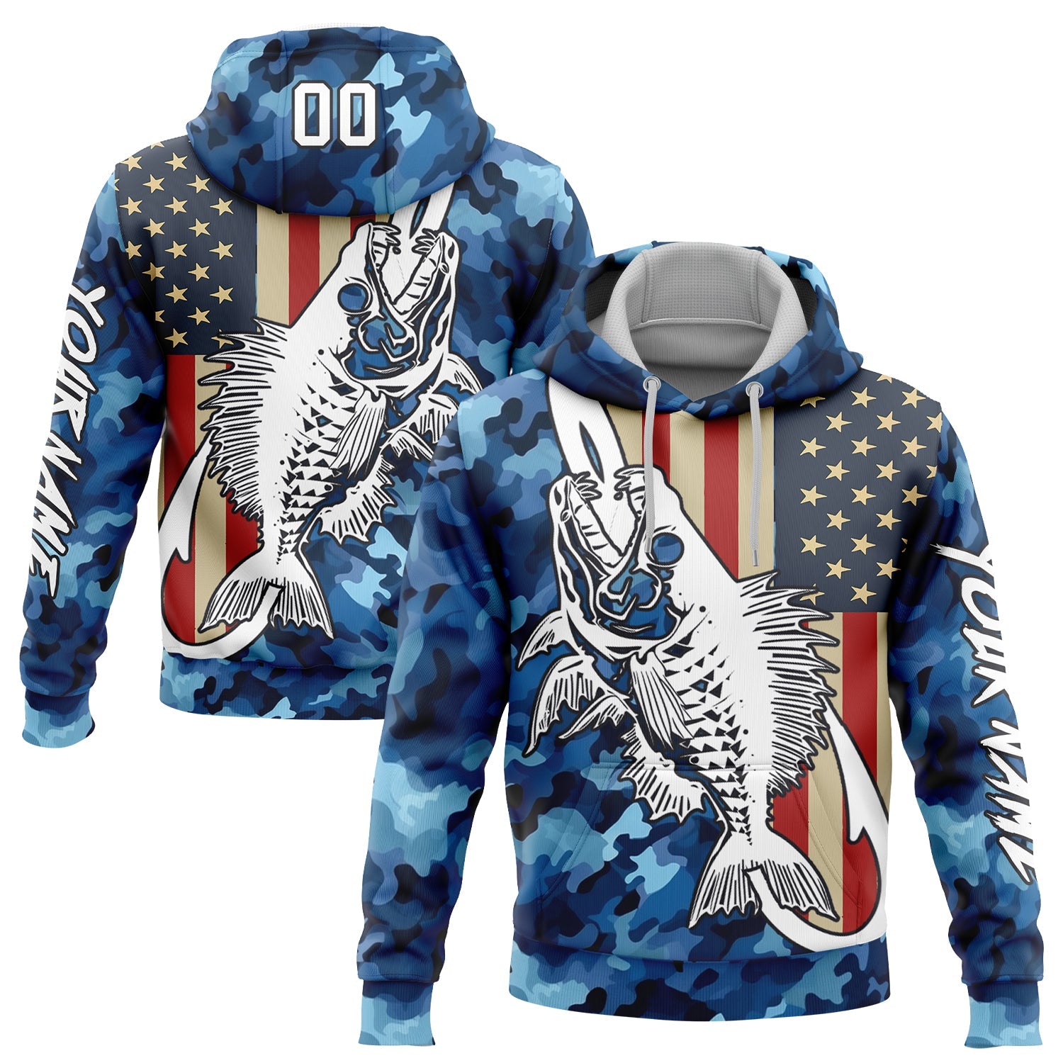 Custom Camo White-Black 3D American Flag And Fish Hook Skull Fishing Sports Pullover Sweatshirt Salute To Service Hoodie - Main View