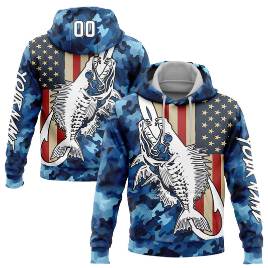 Custom Camo White-Black 3D American Flag And Fish Hook Skull Fishing Sports Pullover Sweatshirt Salute To Service Hoodie - Main View