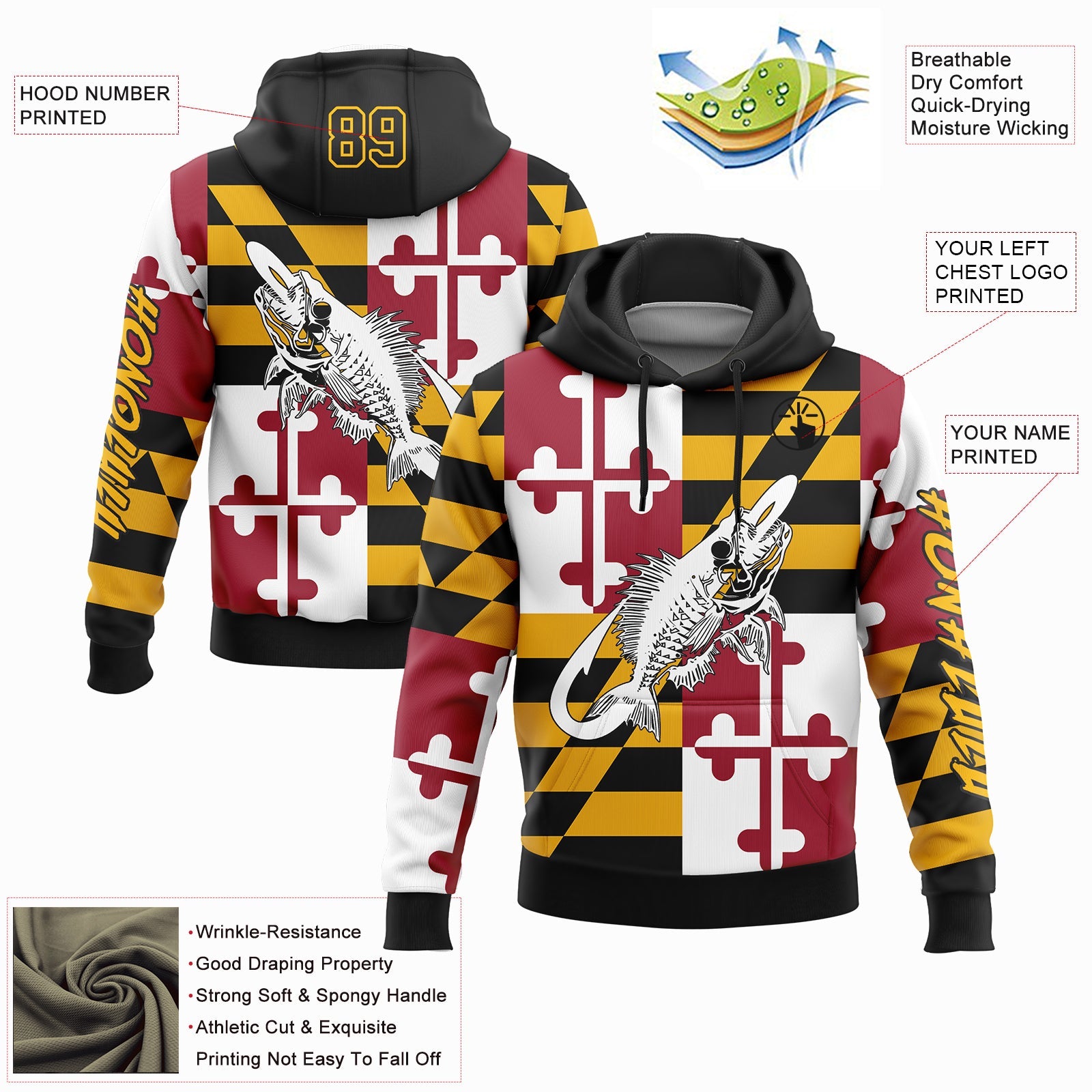 Custom Gold Black-Red 3D Maryland Flag And Fish Hook Skull Fishing Sports Pullover Sweatshirt Hoodie view 2