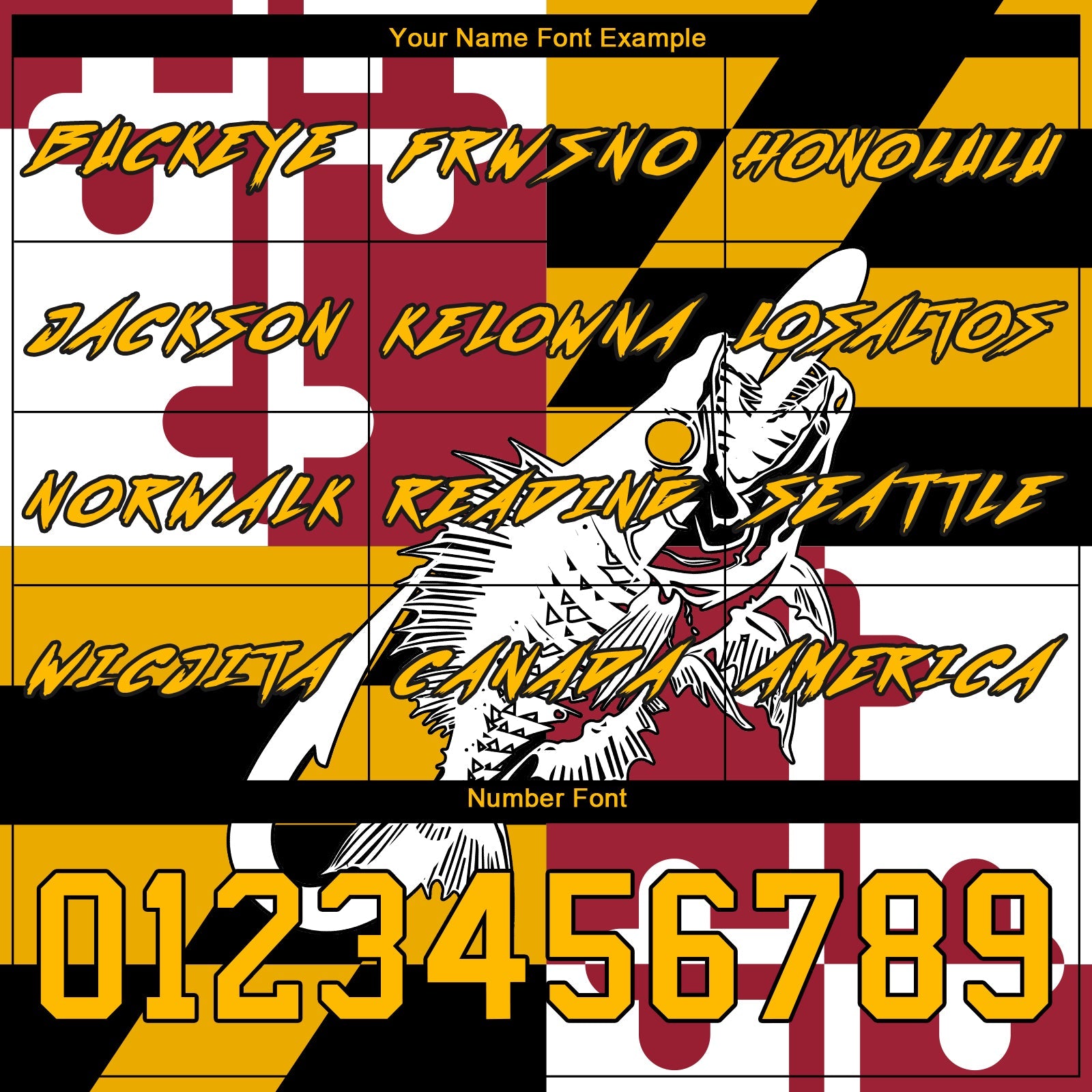 Custom Gold Black-Red 3D Maryland Flag And Fish Hook Skull Fishing Sports Pullover Sweatshirt Hoodie view 3
