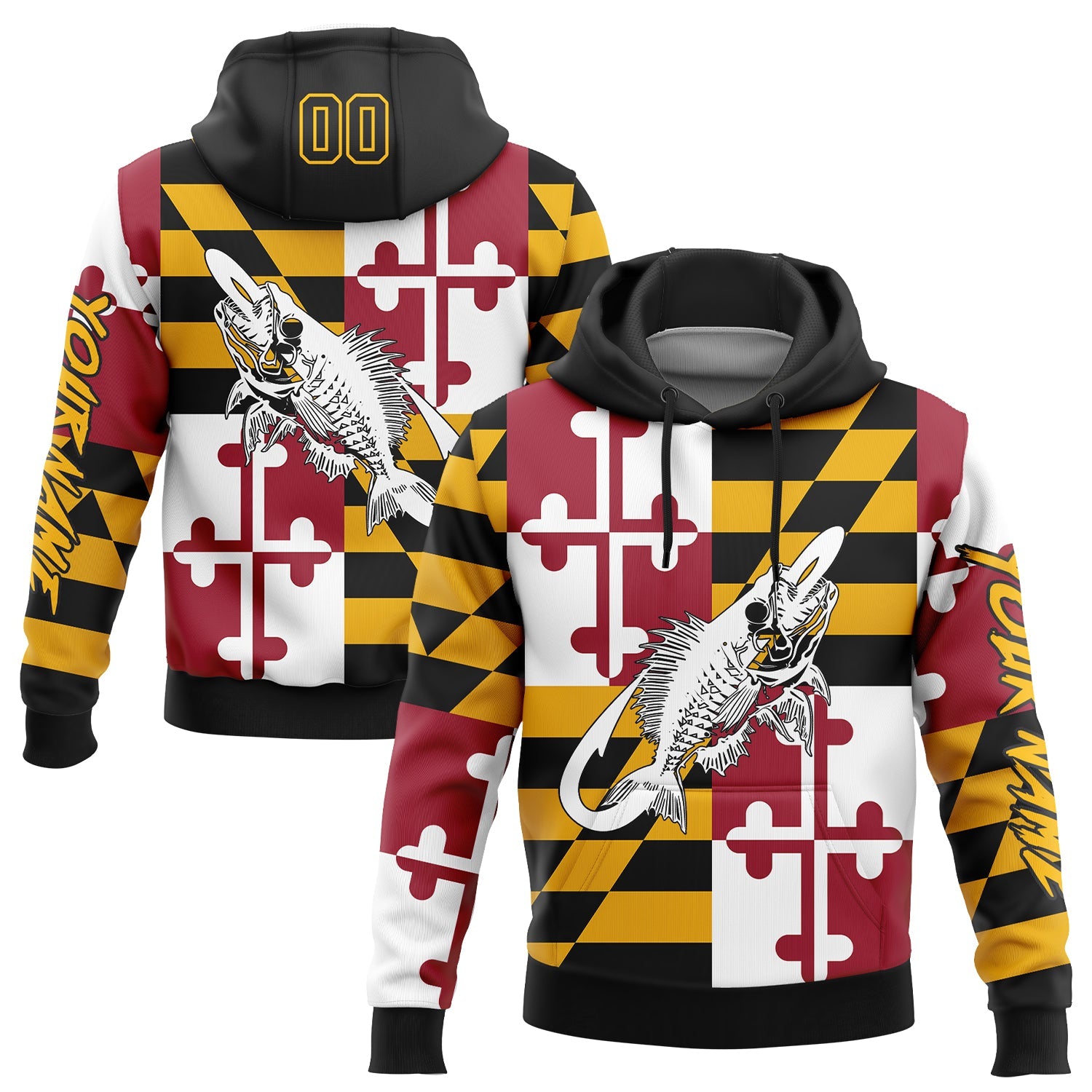 Custom Gold Black-Red 3D Maryland Flag And Fish Hook Skull Fishing Sports Pullover Sweatshirt Hoodie - Main View