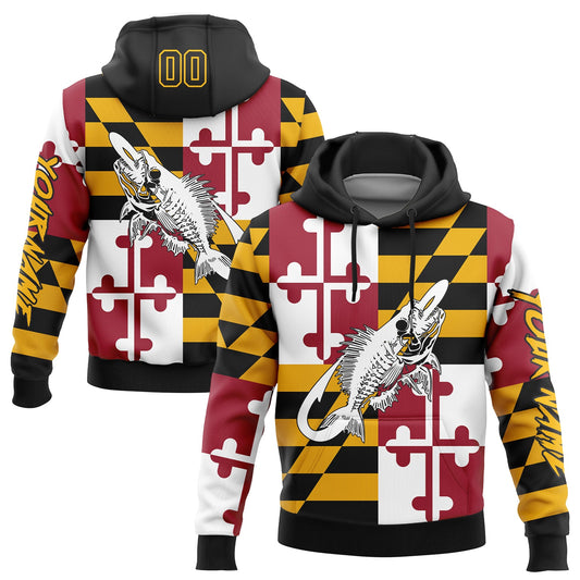 Custom Gold Black-Red 3D Maryland Flag And Fish Hook Skull Fishing Sports Pullover Sweatshirt Hoodie - Main View