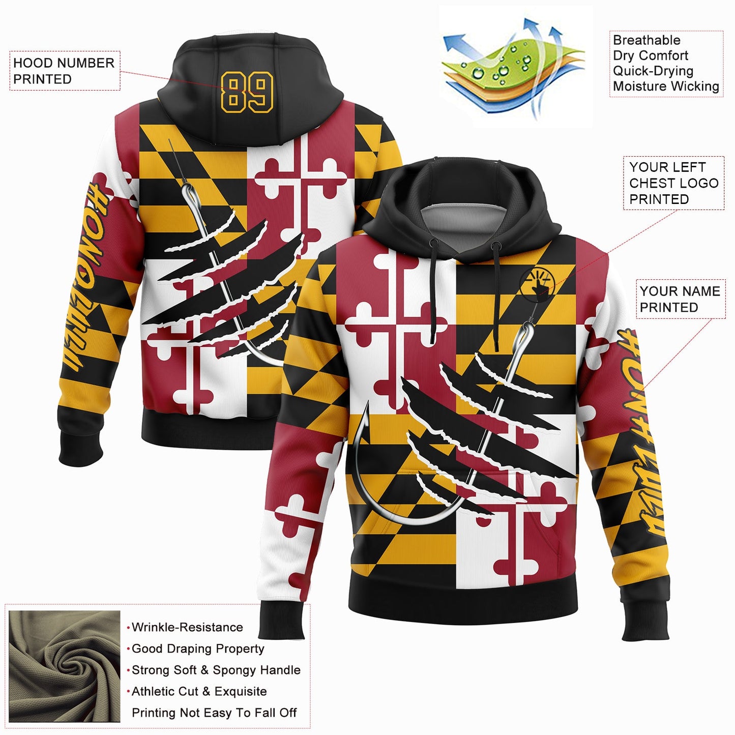Custom Gold Black-Red 3D Maryland Flag And Fish Hook Fishing Sports Pullover Sweatshirt Hoodie view 2